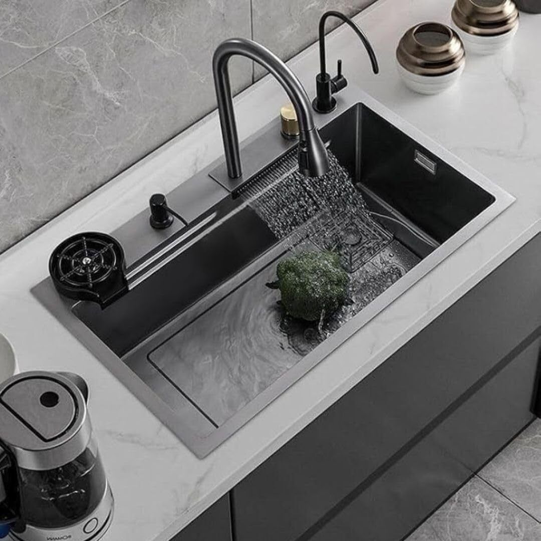 Waterfall Anti-Scratch Multifunctional Stainless Steel Kitchen Sink - 24x18x9in Honeycomb Multifunction Sink With Pull Down Faucet, Cup washer & Drain Baskets Vessel Sink-image-2