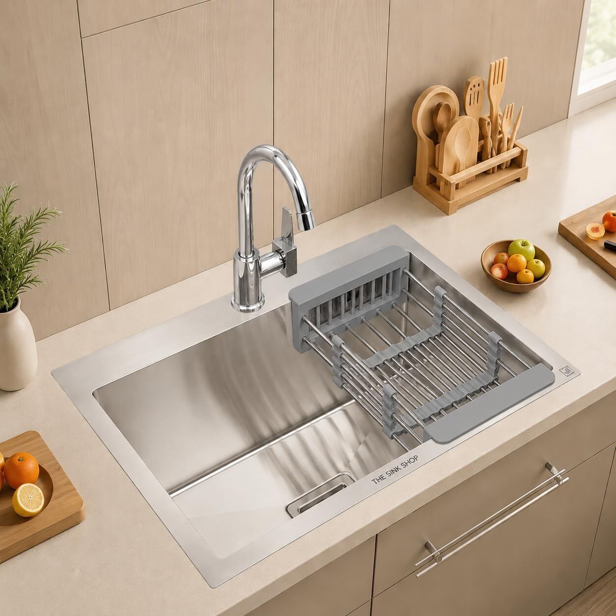Modern Kitchen Sink 24x18x10 Inch Single Bowl Undermount Stainless Steel Sink with Tap Hole Coupling and Hose Pipe Vessel Sink-image-8