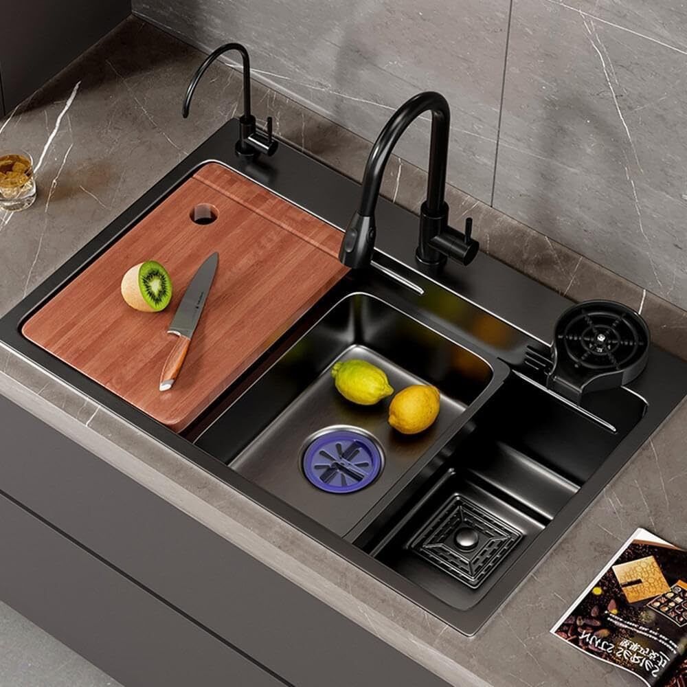Lite 30"x18"x9" Inch Waterfall Black Kitchen Sink Multifunctional Waterfall Kitchen Sink With All Accessories and Buttons Vessel Sink-image-47