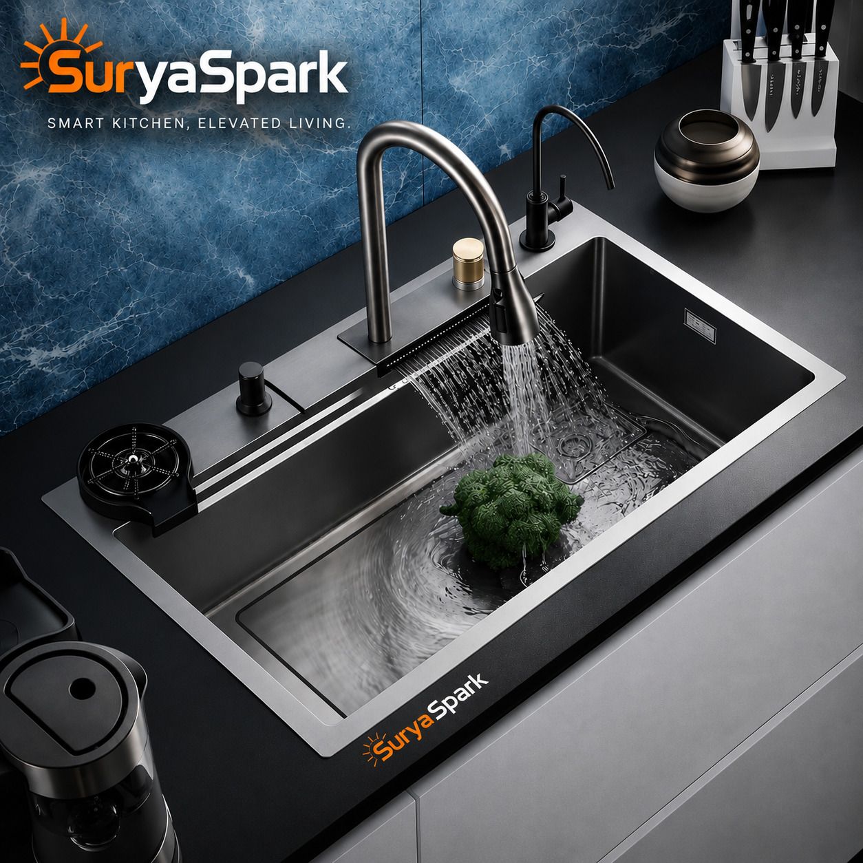 suryaspark Stainless Steel Handmade Kitchen Sink 30x18x9 inch with Integrated Waterfall and Pull-Down Faucets/Soap Dispenser/ 2-Drain Basket Counter Top-picture-19