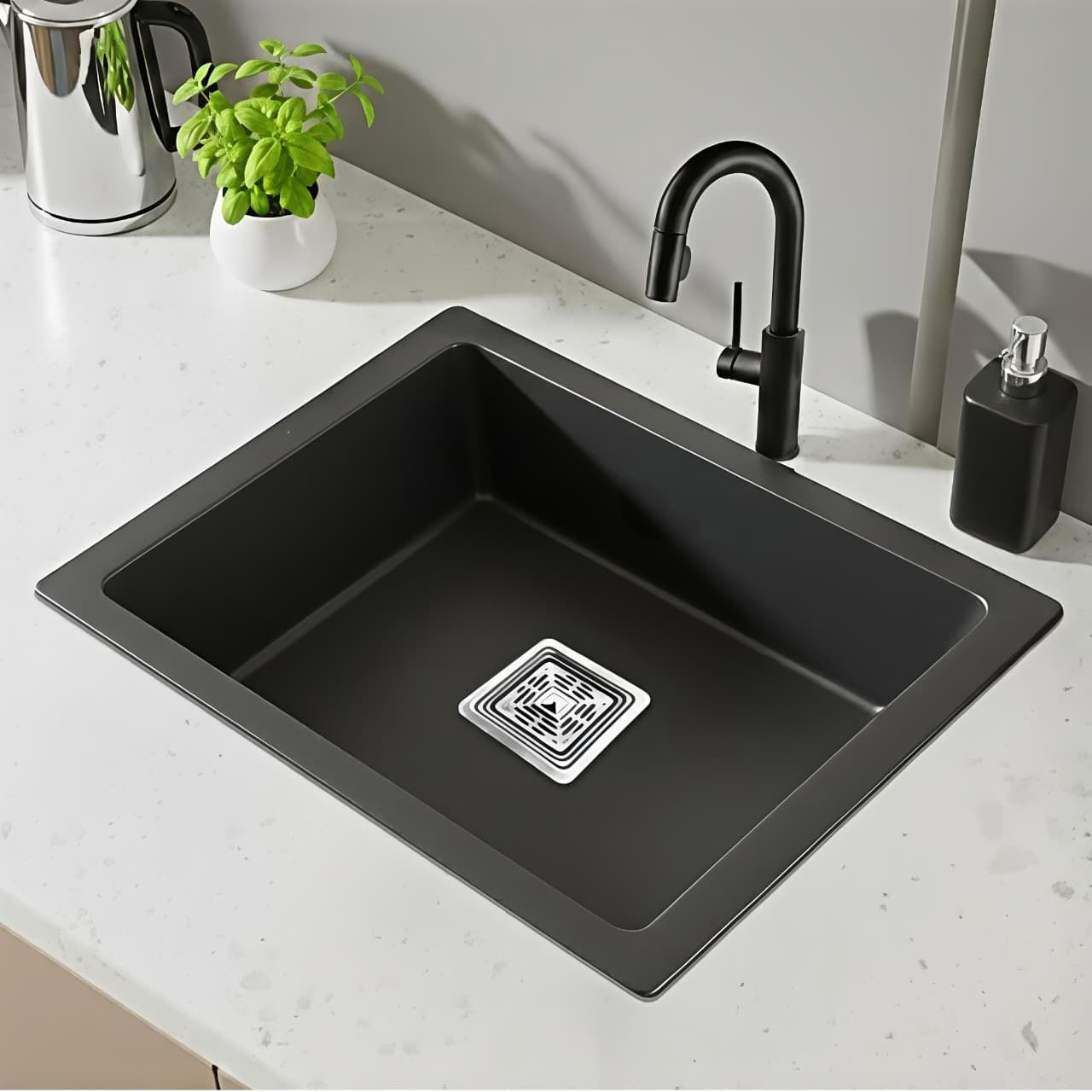 quartz zone Premium Quartz Kitchen Sink 16*18*9 Inches Black Granite Single Bowl CompositeSink with StainlessSteelWaste Coupling Flexible Drain PipeDualMount Counter Top-picture-41
