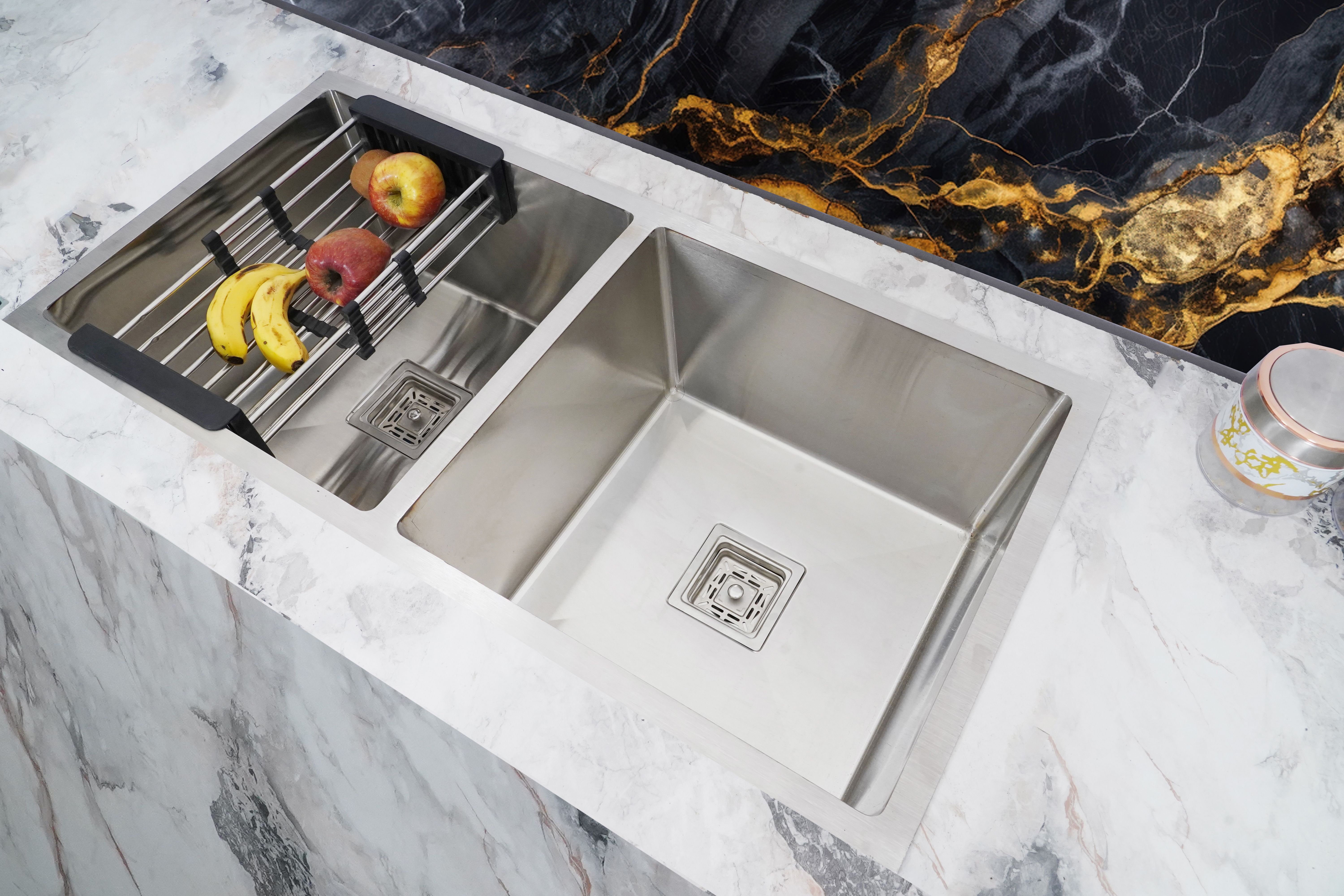 | 37" x 18" x 10" | KITCHEN SINK WITH VEGETABLE WASH BASKET & SS COUPLING SET | 304 GRADE | DOUBLE BOWL | HANDMADE KITCHEN SINK UNDER COUNTER BASIN Under Counter Basin-image-48