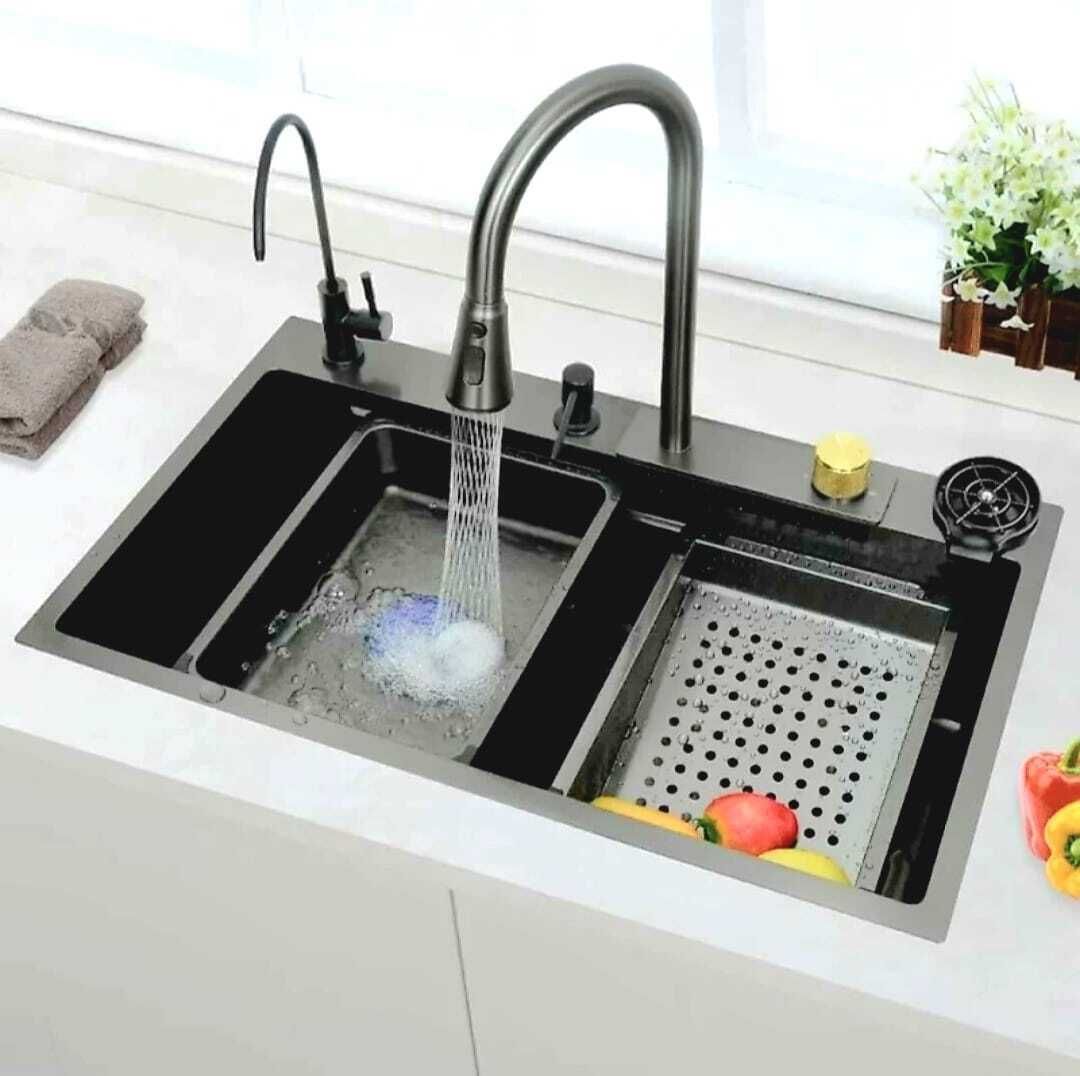 Waterfall and Pull-down Faucet/304 Grade Stainless Steel Multifunctional Waterfall Kitchen Sink 304 GRADE All in One 30x18 inch Vessel Sink