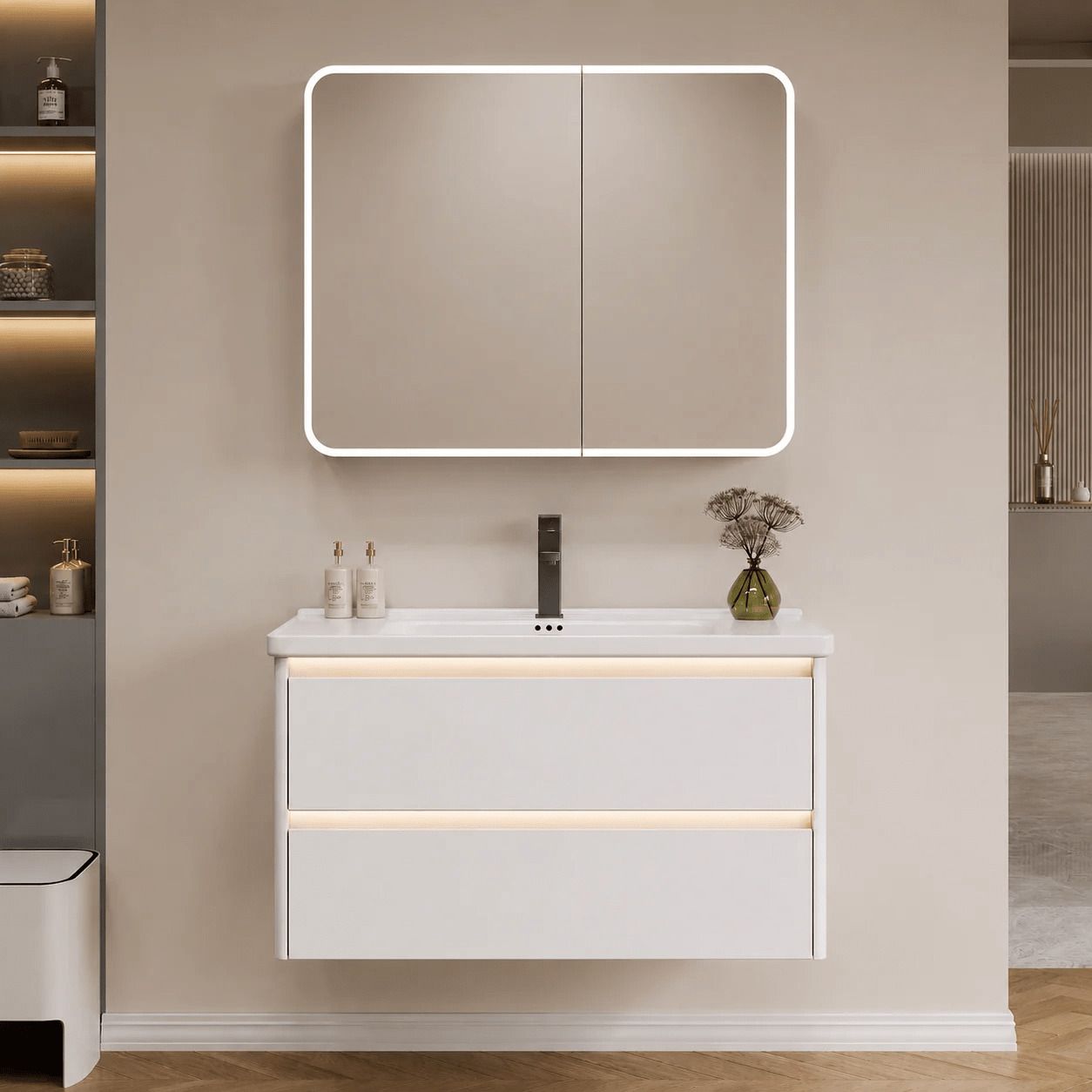 PVC Bathroom Vanity Set with LED Mirror Cabinet | White Finish | Wall Mounted Ceramic Wash Basin with Tap Hole (80Cm) Wall Hung Basin-image-42