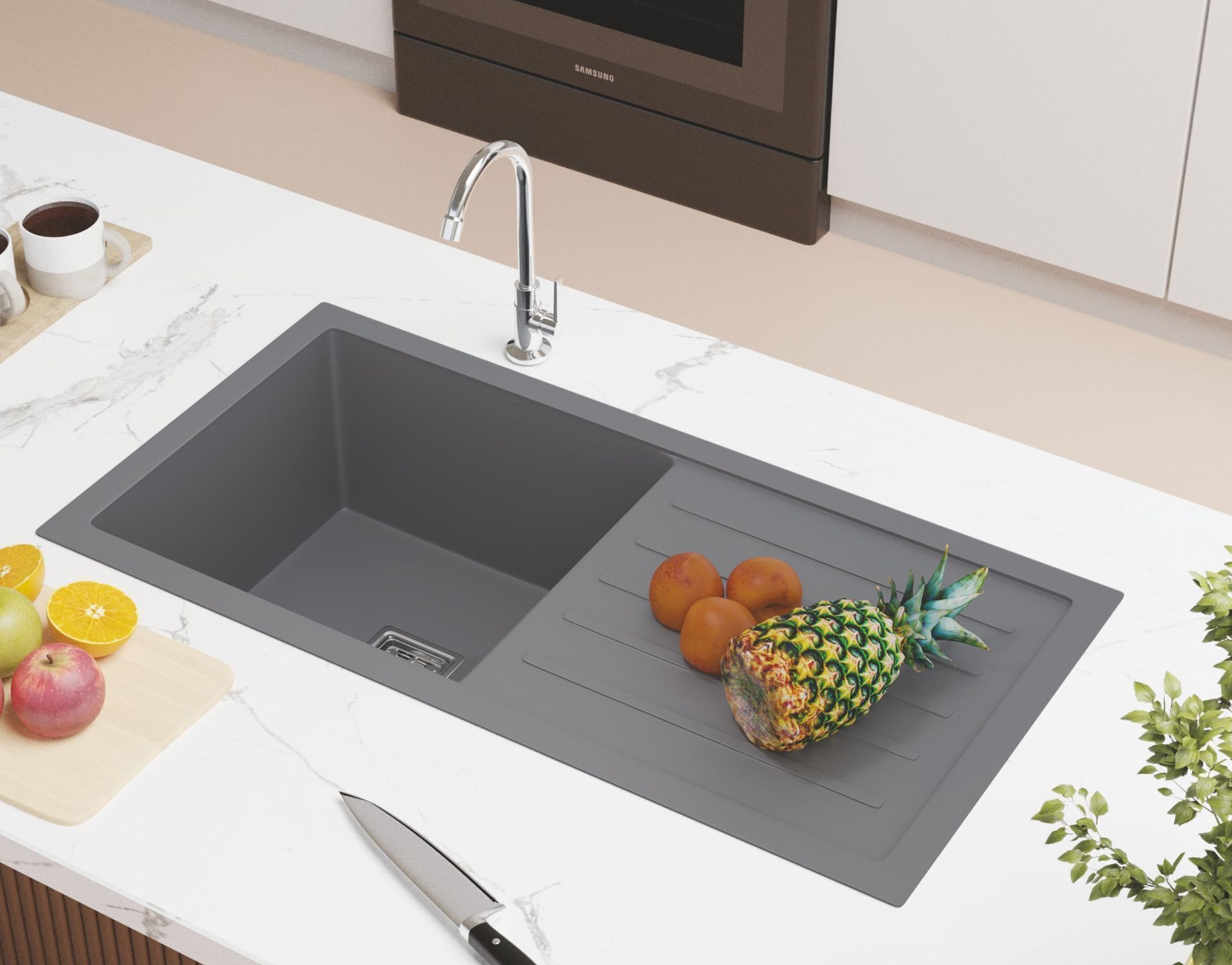 4view Single Bowl Granite Quartz Kitchen Sink with Drain Board 36x18x8.5 Inch Grey Metallic Finish | Scratch, Stain & Heat Resistant | Waste Pipe & Coupling Under Counter Basin-picture-16