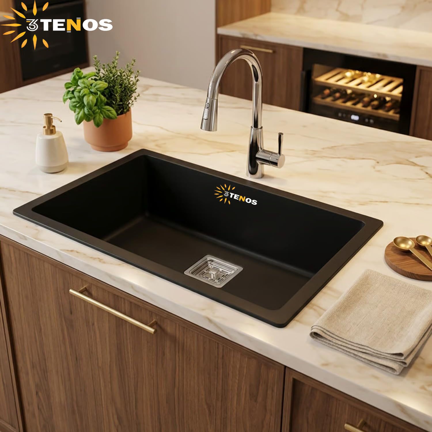 3tenos Heavy Duty Quartz Kitchen Vessel 24*18*9 Inch Premium Matte Black Kitchen Sink Single Bowl 9 Inch Deep with Cross Drain Groove Vessel Sink-picture-2