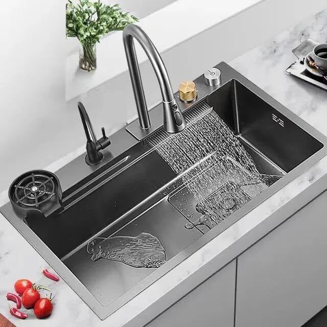 migsa Handmade Kitchen Sink With Waterfall Matt Finish Single Sink With Assembly 30X18X19 Inch Single Bowl Matt Finish With Inbuild Pull Down Foucet N100 Vessel Sink-picture-20