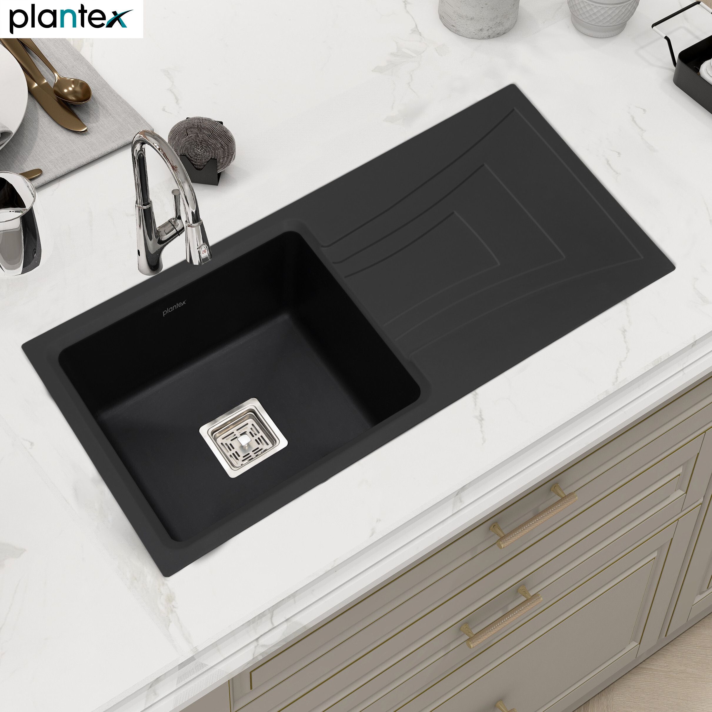 Granite Quartz Single Bowl Kitchen Sink With Drain Board (36x18 inches) APS-2026 Under Counter Basin-image-26