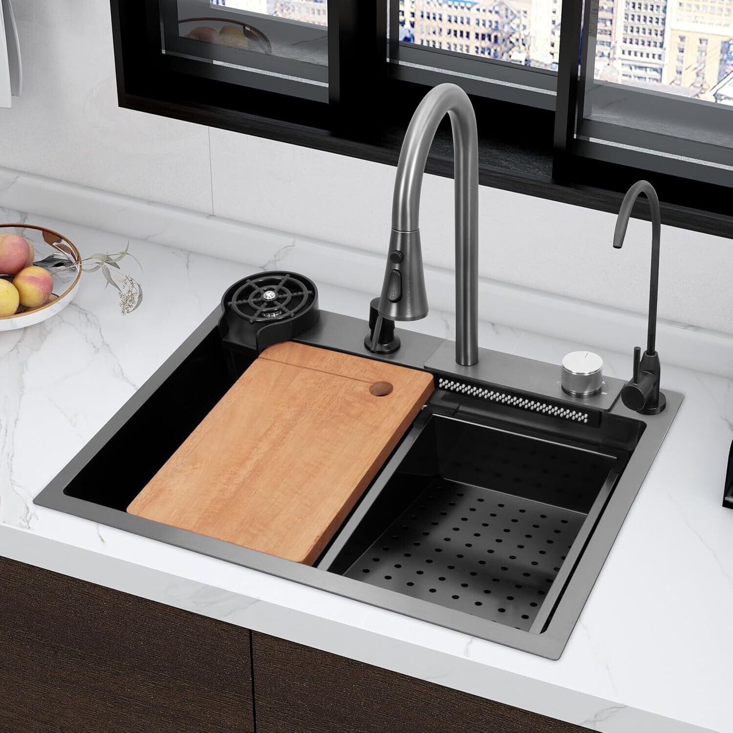 Kitchen sink SS-304 Grade, Handmade Single Bowl Kitchen Sink With Basket (Black,30x18x9 INCH) Counter Top-image-15