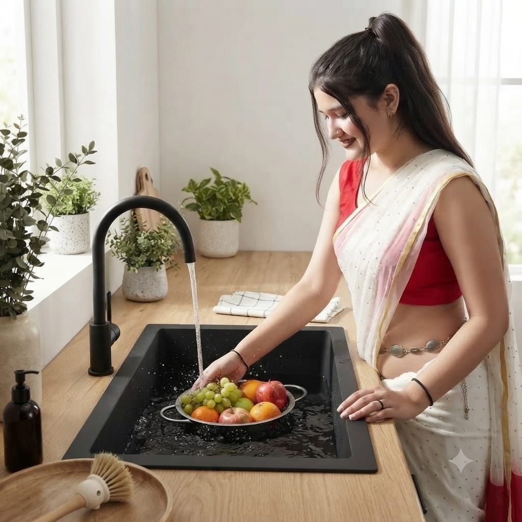 PREMIUM Quartz Kitchen Sink 24*18*9 Inch Black Single Bowl Granite Sink with Waste Coupling & Pipe Easy to Clean, Non Fading Color and Counter Top-image-0