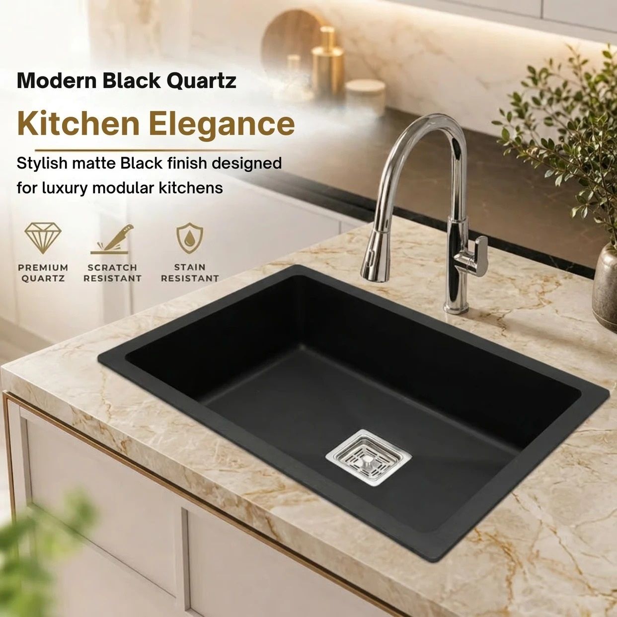 elanza PREMIUM Quartz Kitchen Sink 24*18*9 Inch Metalik Black Single Bowl Granite Sink Waste Coupling & Pipe Easy to Clean, Non Fading Color and Counter Top-picture-1