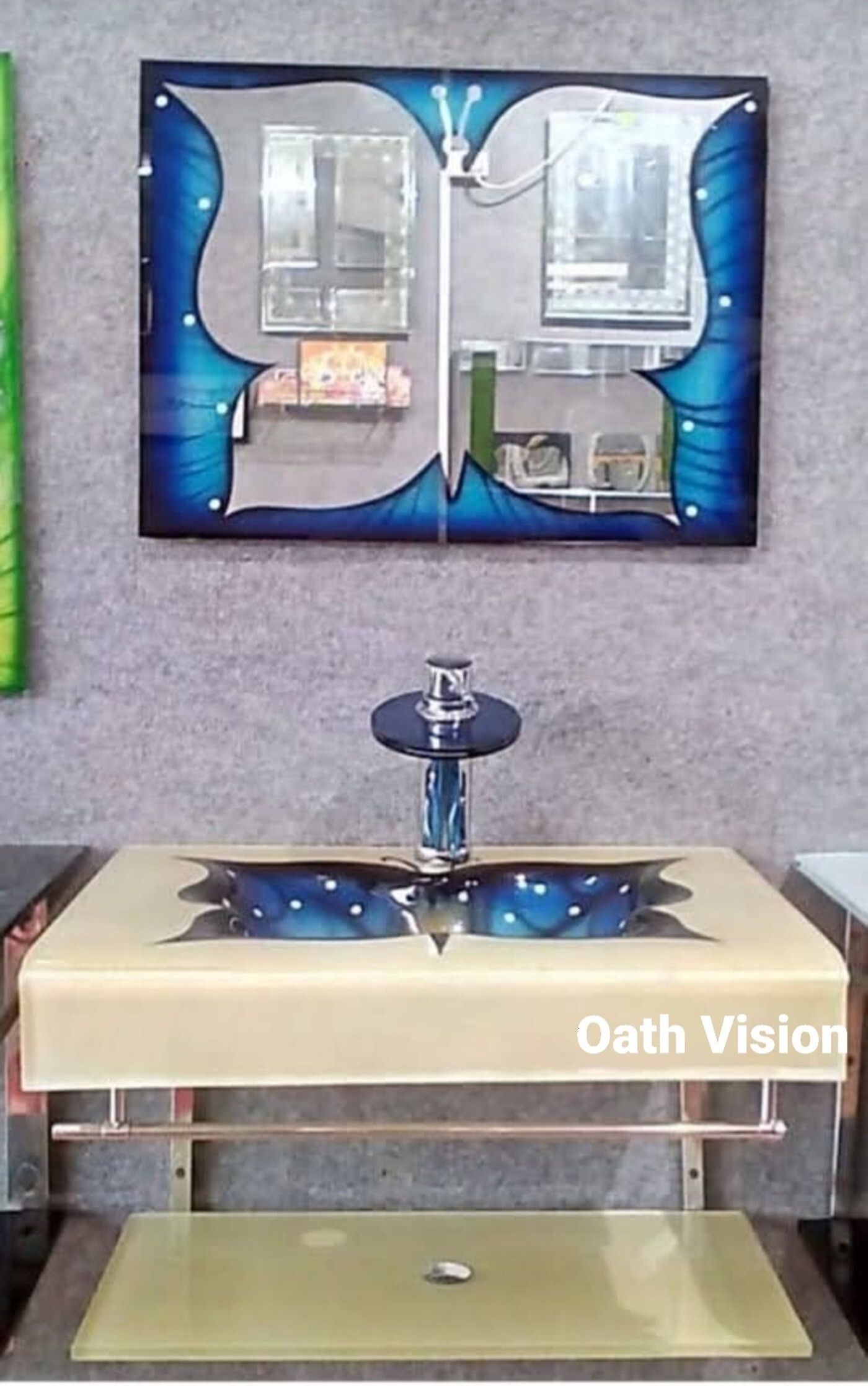 oath vision (24"x21" Inch) OV_098 Glass Wash Basin With Mirror Self & Steel Stand Wall Hung Basin-picture-20