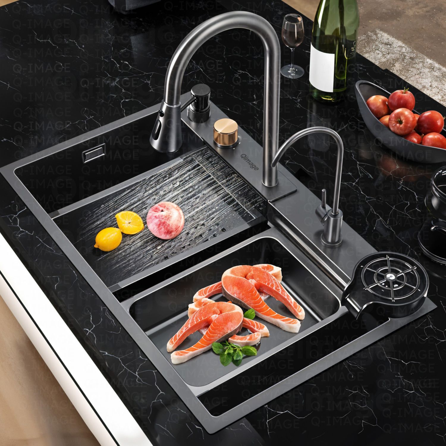 Kitchen Sink with Integrated Waterfall and Pull-down Faucets/304 Grade Stainless Steel Sink - Nano Black Finish (30 x 18 Inch) Under Counter Basin-image-17