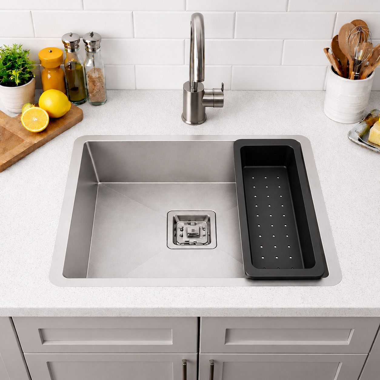 bass Single Bowl | 24" X 18" X 10" | Handmade Kitchen Sink | Sound Proof Single Bowl Stainless Steel Handmade Kitchen Sink With Drain Rack (24x18 Inches) Vessel Sink-picture-32