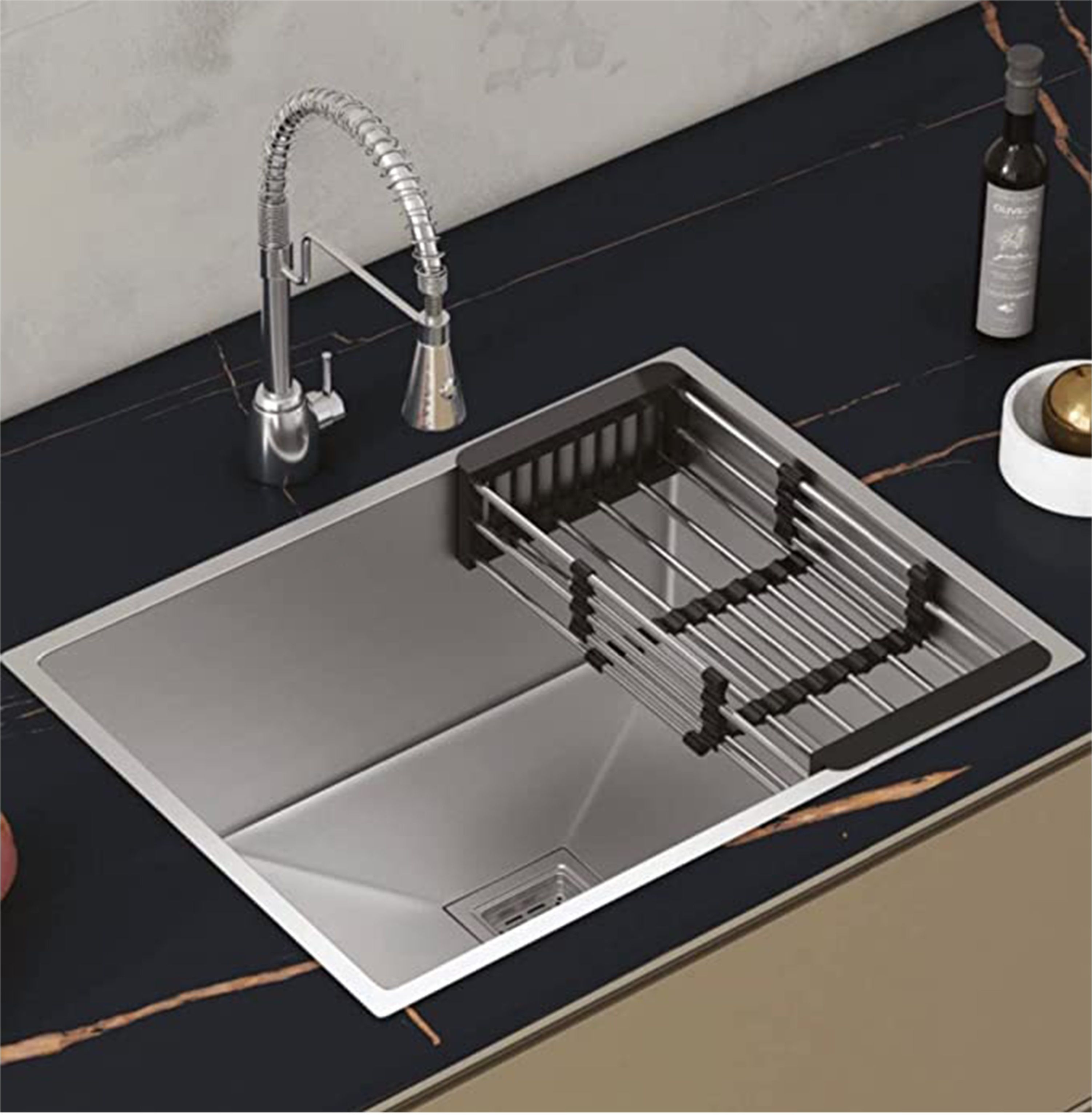 (24"X18"X10") Imported Garnet Series Hand Made, Chrome Finish Stainless Steel Kitchen Sink (Size: 24X18X10) With Coupling & Fruit Basket Vessel Sink