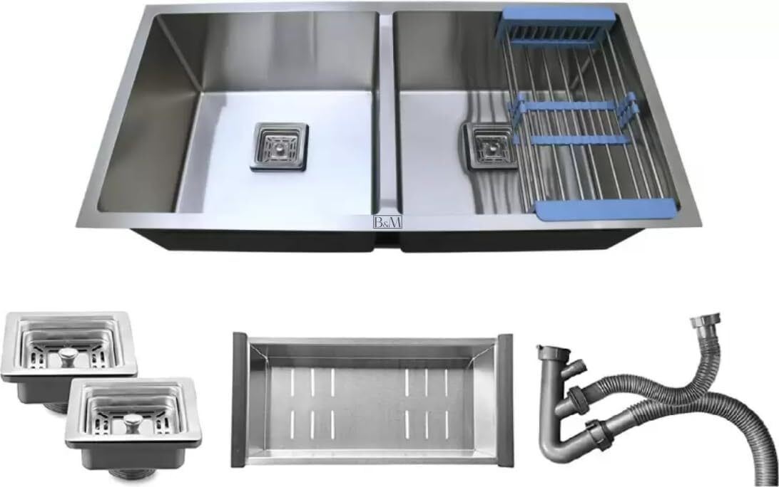 COUPLING DOUBLE BOWL HANDMADE KITCHEN SINK CHROME MATT FINISH (45' X 20" X 10") Kitchen Vessel Sink-image-11