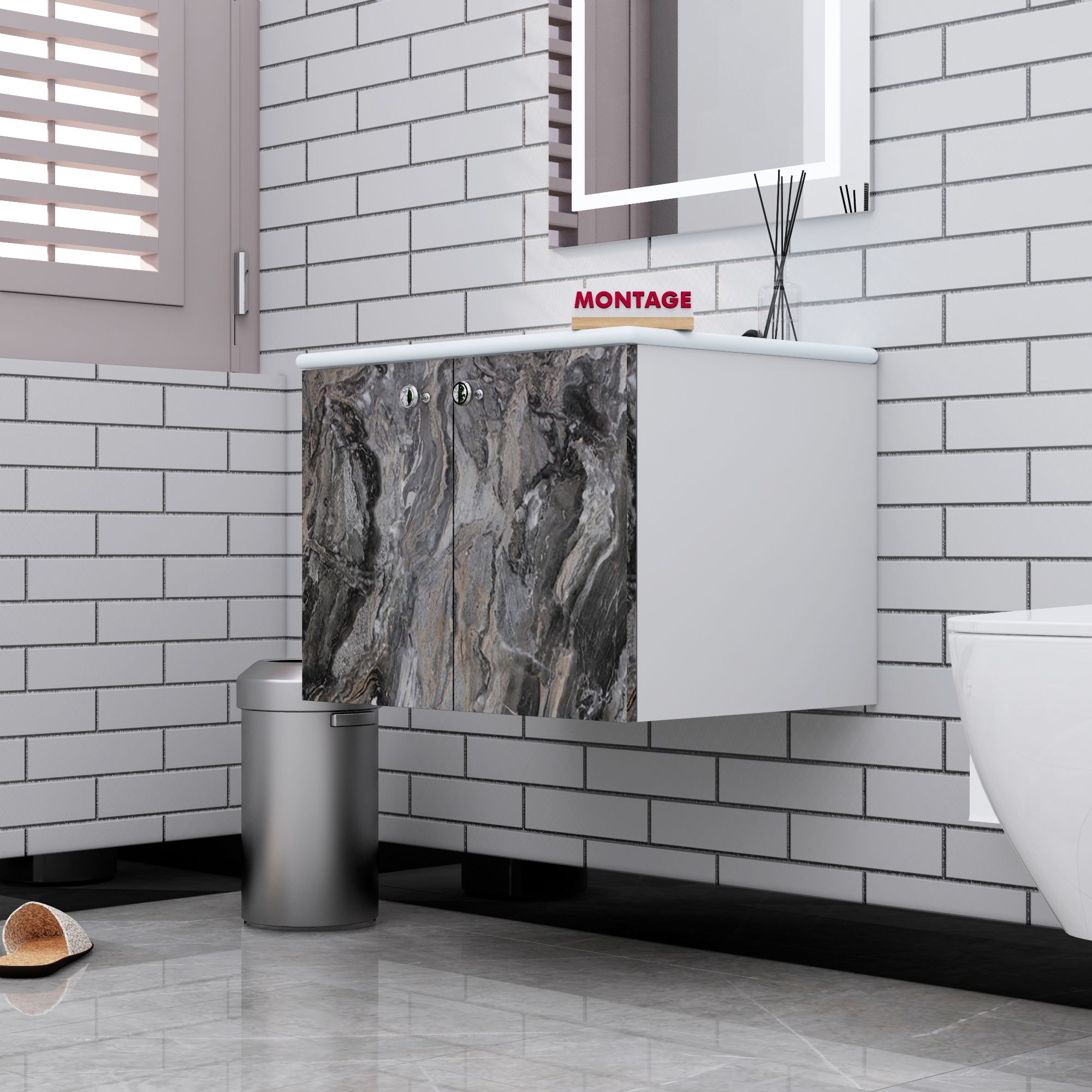 Wall Hanging Wash Basin with Cabinet | Waterproof Bathroom Vanity 2 Door Storage DMS00049 Under Counter Basin-image-2