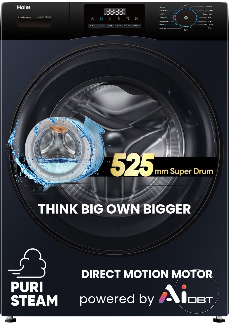 haier 9 kg AI with Direct Drive Technology,Puristeam and Refresh Function, Anti Bacterial Technology, Super Drum 525mm with Custom Wash Programs Fully Automatic Front Load Black, Blue-picture-27