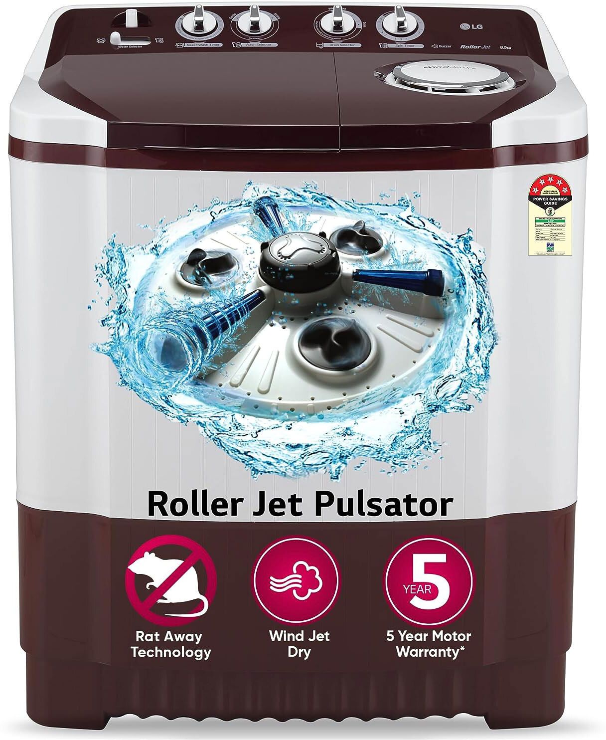 8.5 kg 5 Star with Roller Jet Pulsator with Soak, Wind Jet Dry and Collar Scrubber Semi Automatic Top Load Maroon, White