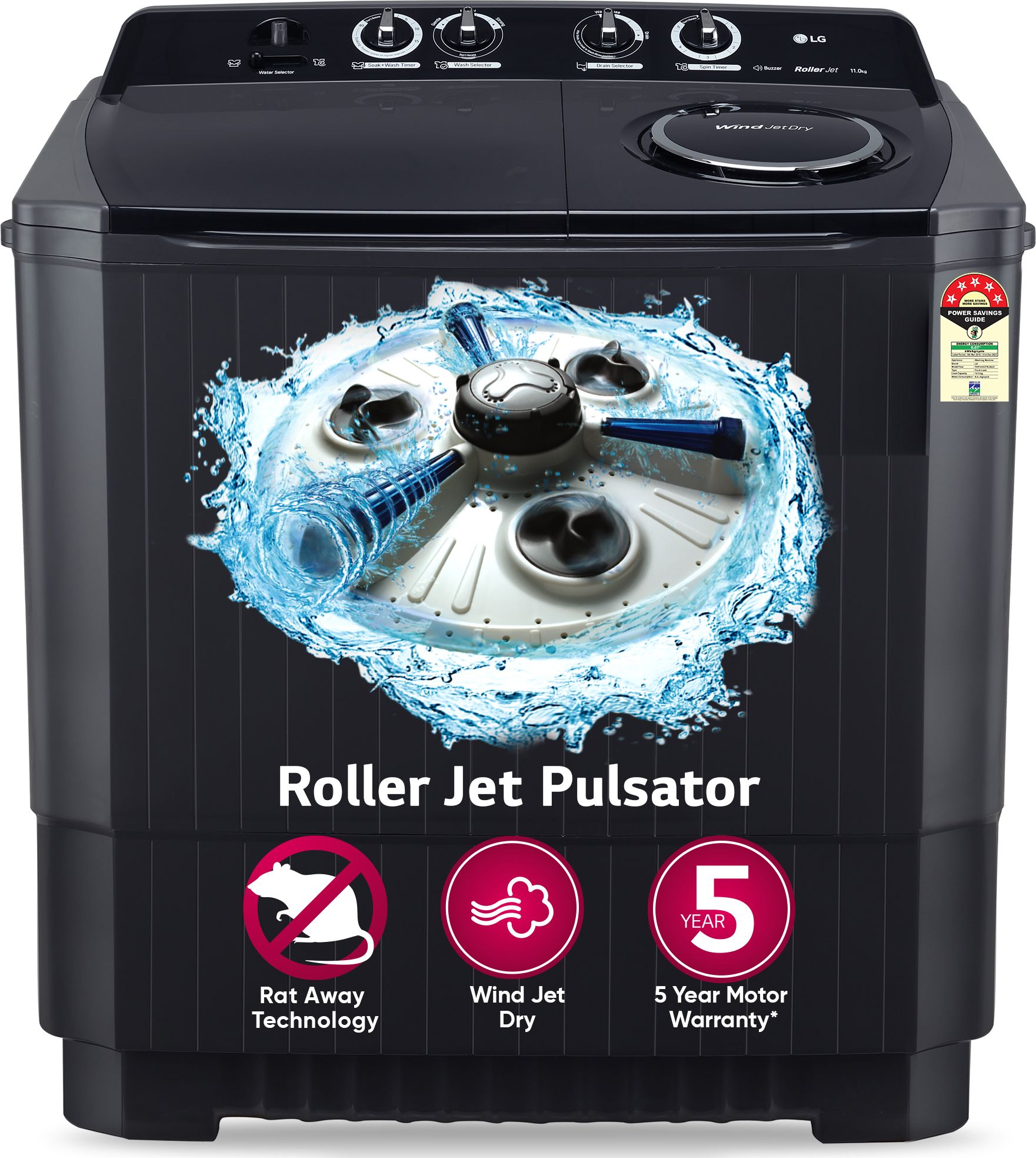 lg 11 kg 5 Star with Roller Jet Pulsator with Soak,� Wind Jet Dry and Rat Away, 8 Kg (Spin Tub Capacity) Semi Automatic Top Load Black-picture-30