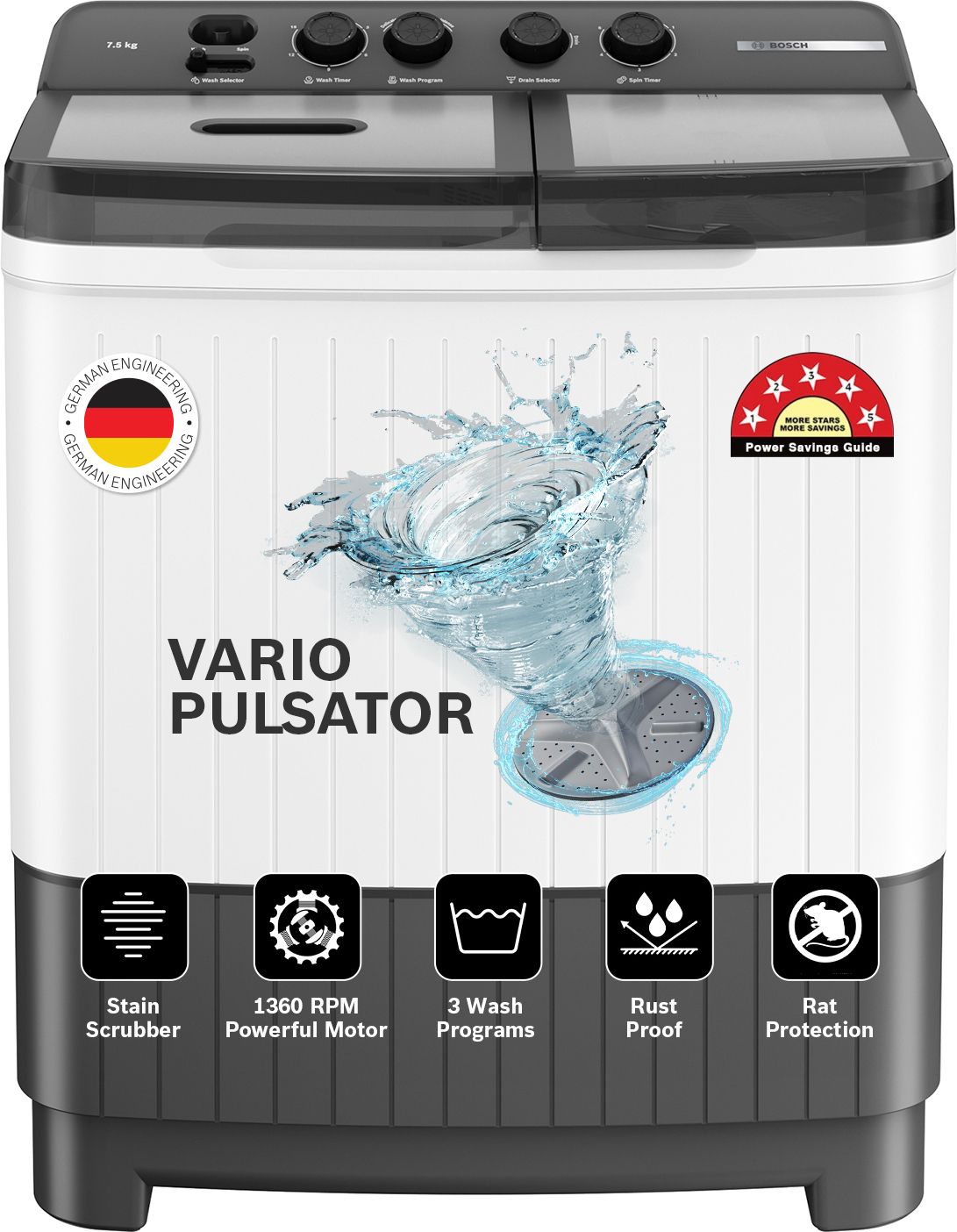 bosch 7.5 kg 5 Star with Vario Pulsator, Stain Scrubber & 1360 High RPM Spin Motor Semi Automatic Top Load Grey, White-picture-29