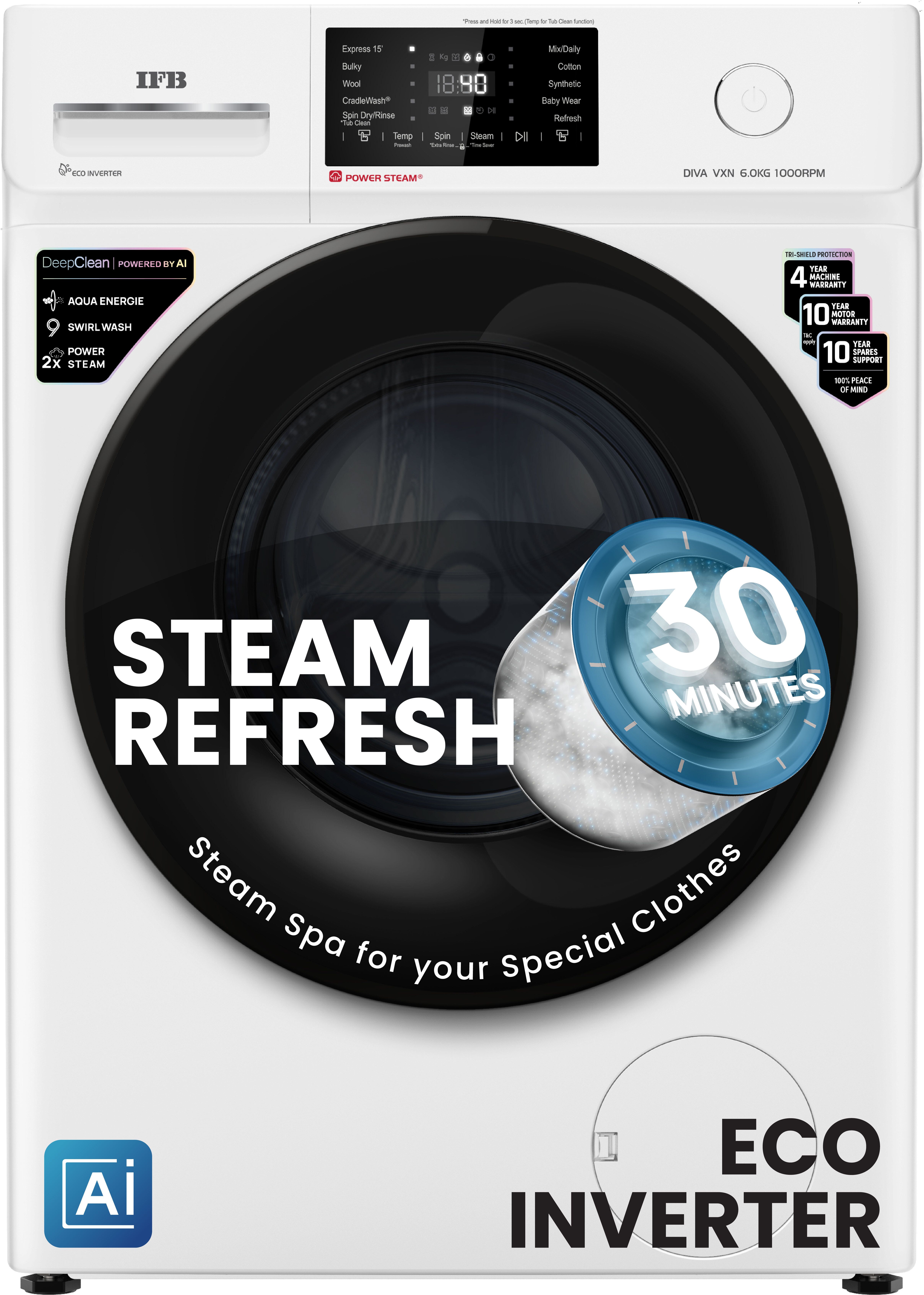 ifb 6 kg 5 Star with Steam Refresh program, 9 Swirl Wash, Eco Inverter, Powered by AI with Power Steam Fully Automatic Front Load with In-built Heater White, Black-picture-22