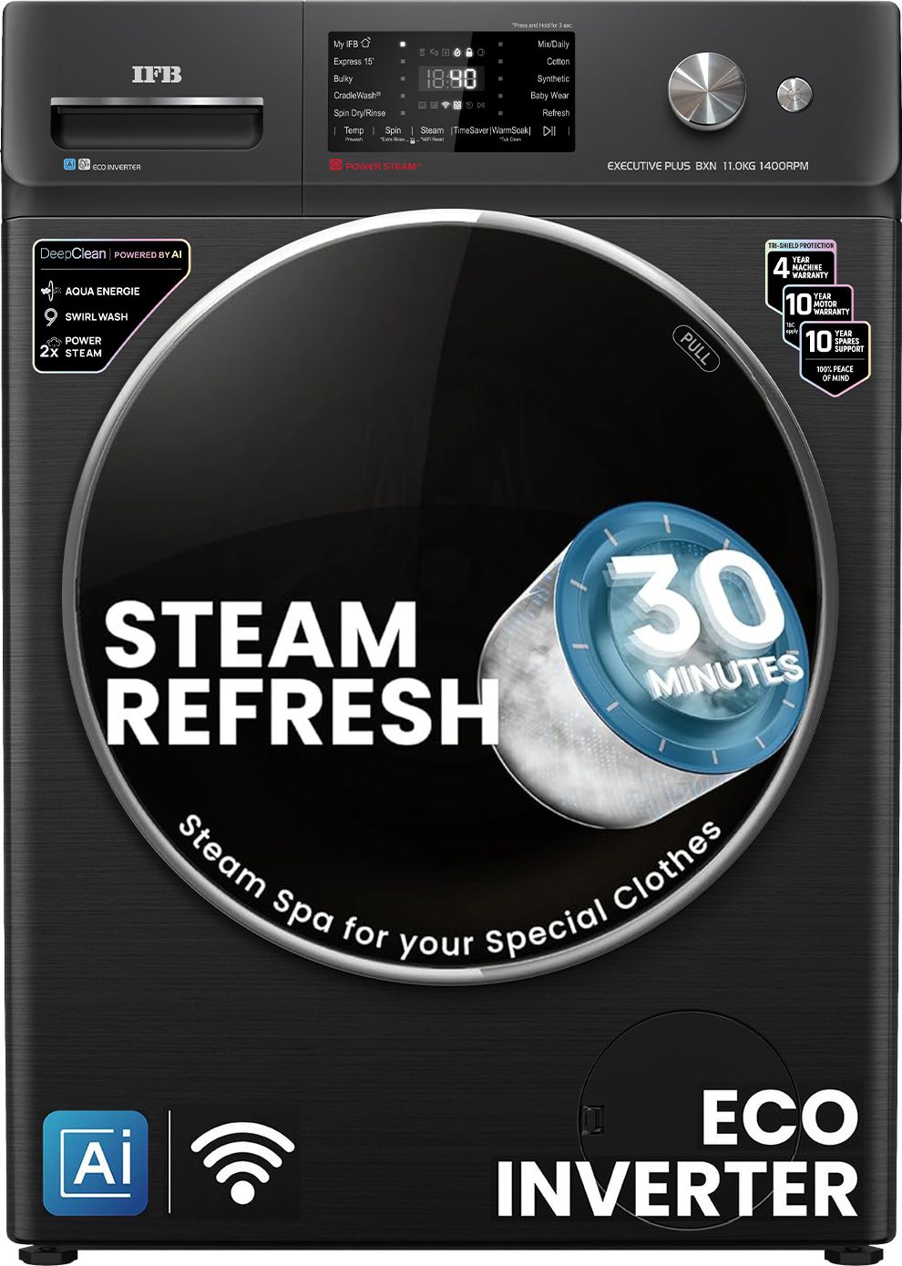 11 kg 5 Star with Steam Refresh program, 9 Swirl Wash, Eco Inverter, with AI Fully Automatic Front Load with In-built Heater Black