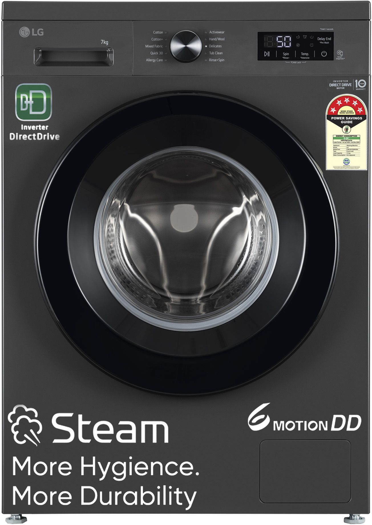 7 kg 5 Star, Inverter Direct Drive Technology, 6 Motion DD, Steam, Fully Automatic Front Load with In-built Heater Black, Grey-image-9