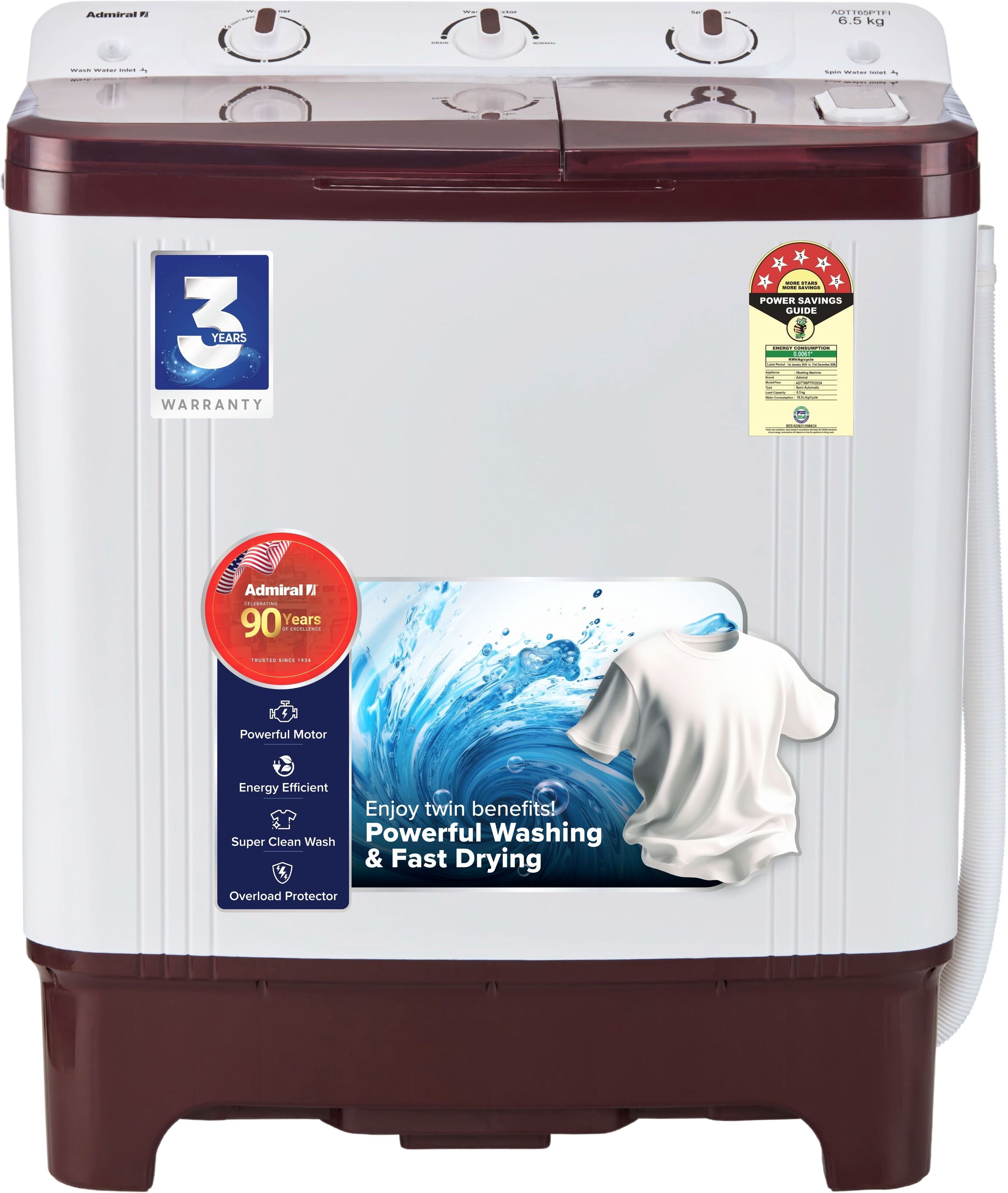 admiral 6.5 kg Semi Automatic Top Load Maroon, White-picture-10