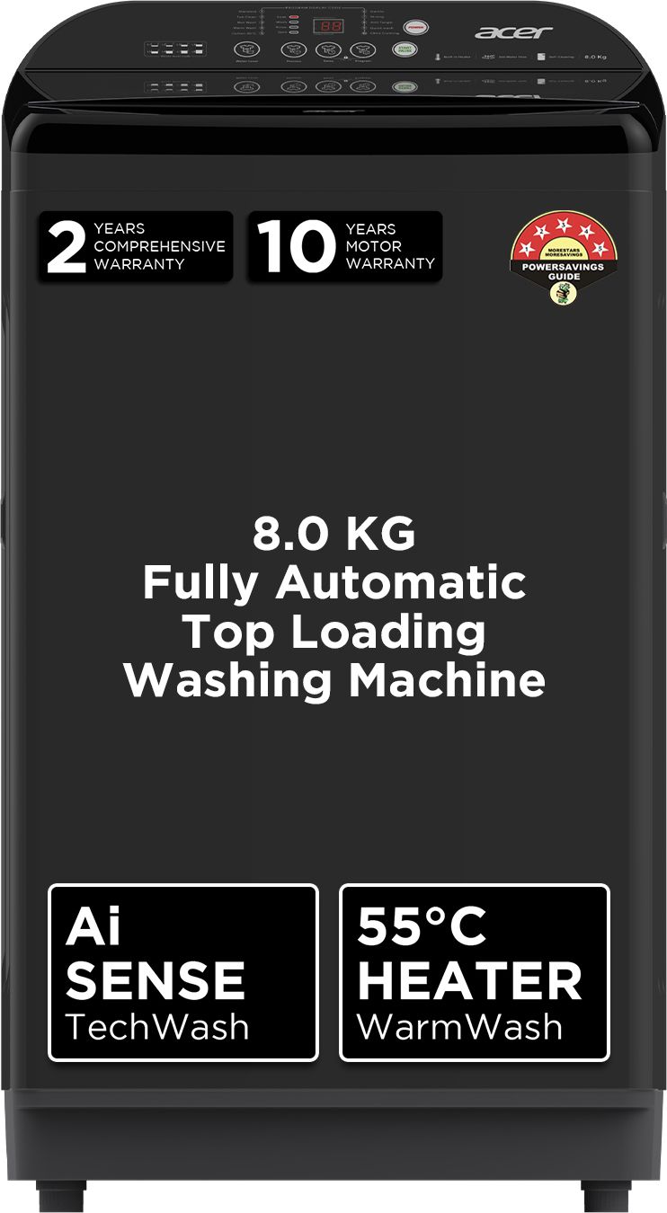 acer 8 kg Halo Wash Series with AiSense, 5 Star Rating, AutoBalance, HelixFlow Pulsator, Pro-Foam Tub Fully Automatic Top Load with In-built Heater Black, Grey-picture-29