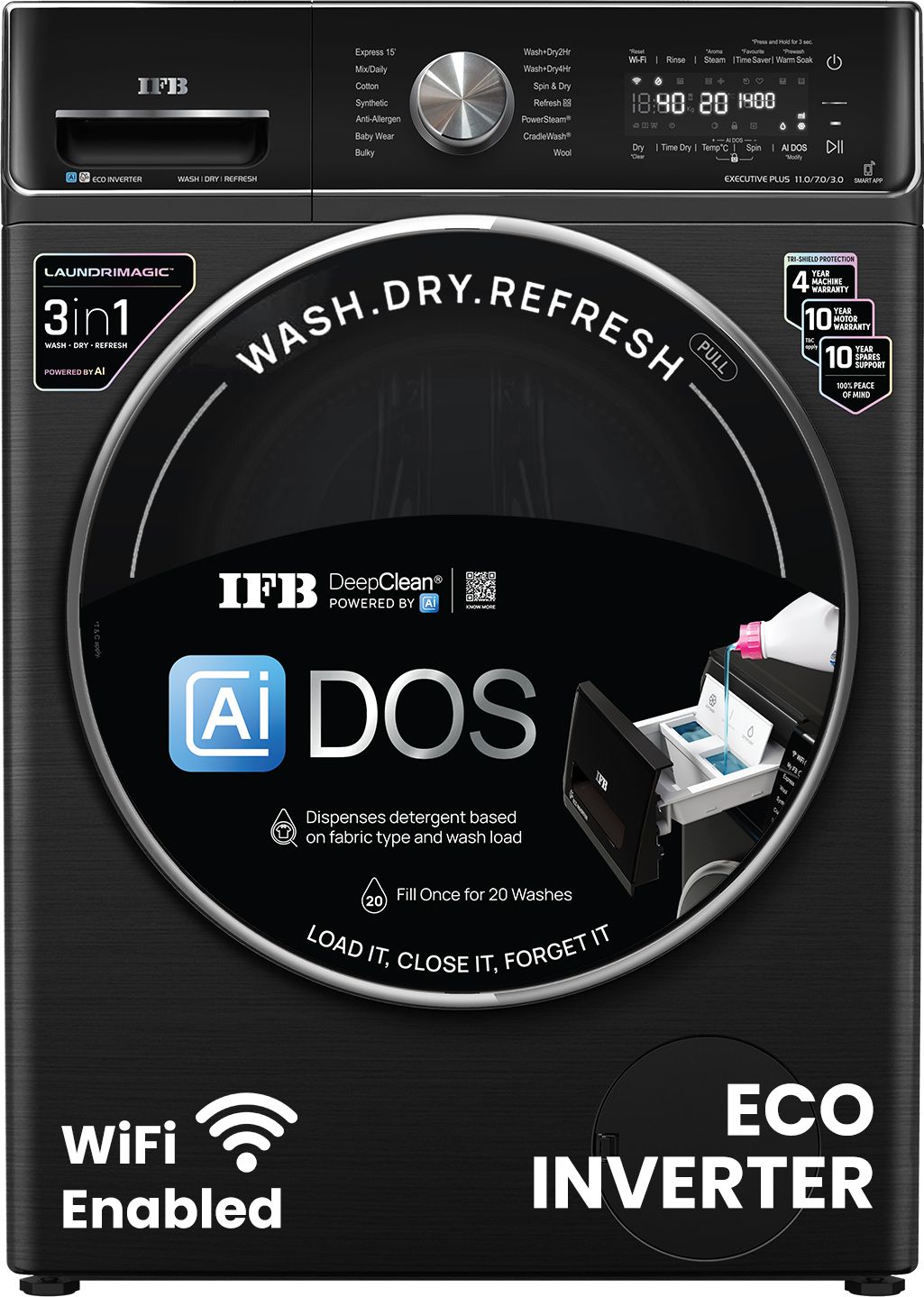 11/7 kg AI DOS - Auto Detergent Dispensing, Oxyjet Technology, 30 min Steam Refresh Program, 100% Dry Ready-to-Wear Clothes, Eco Inverter Motor, 9 Swirl Wash Mimic Handwashing, Fully Automatic with Hot Water Wash, WiFi Connectivity Washer with Dryer with In-built Heater Black-image-38