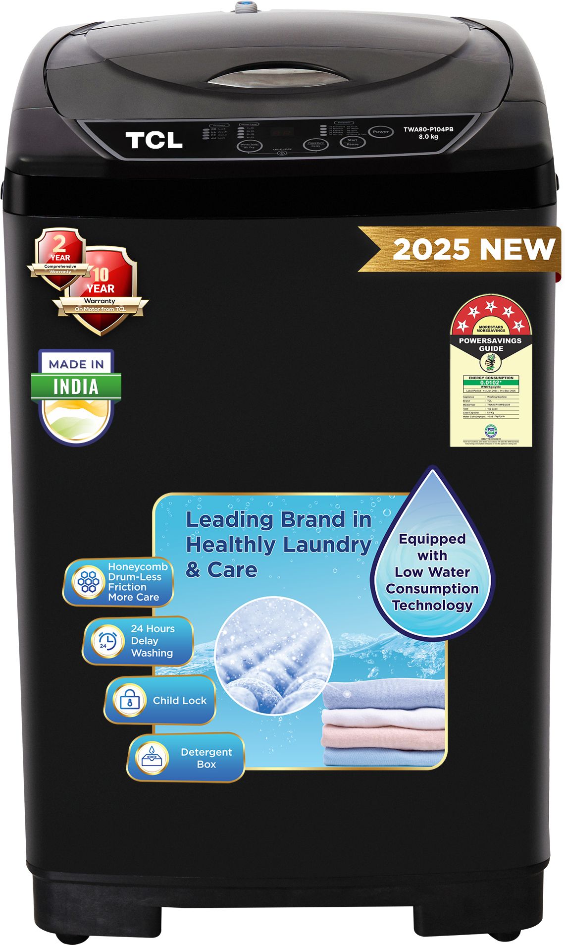 tcl 8 kg 5 Star with 10 Wash Program and Detergent Dispenser, Child Lock with Magic Filter Fully Automatic Top Load Black-picture-25
