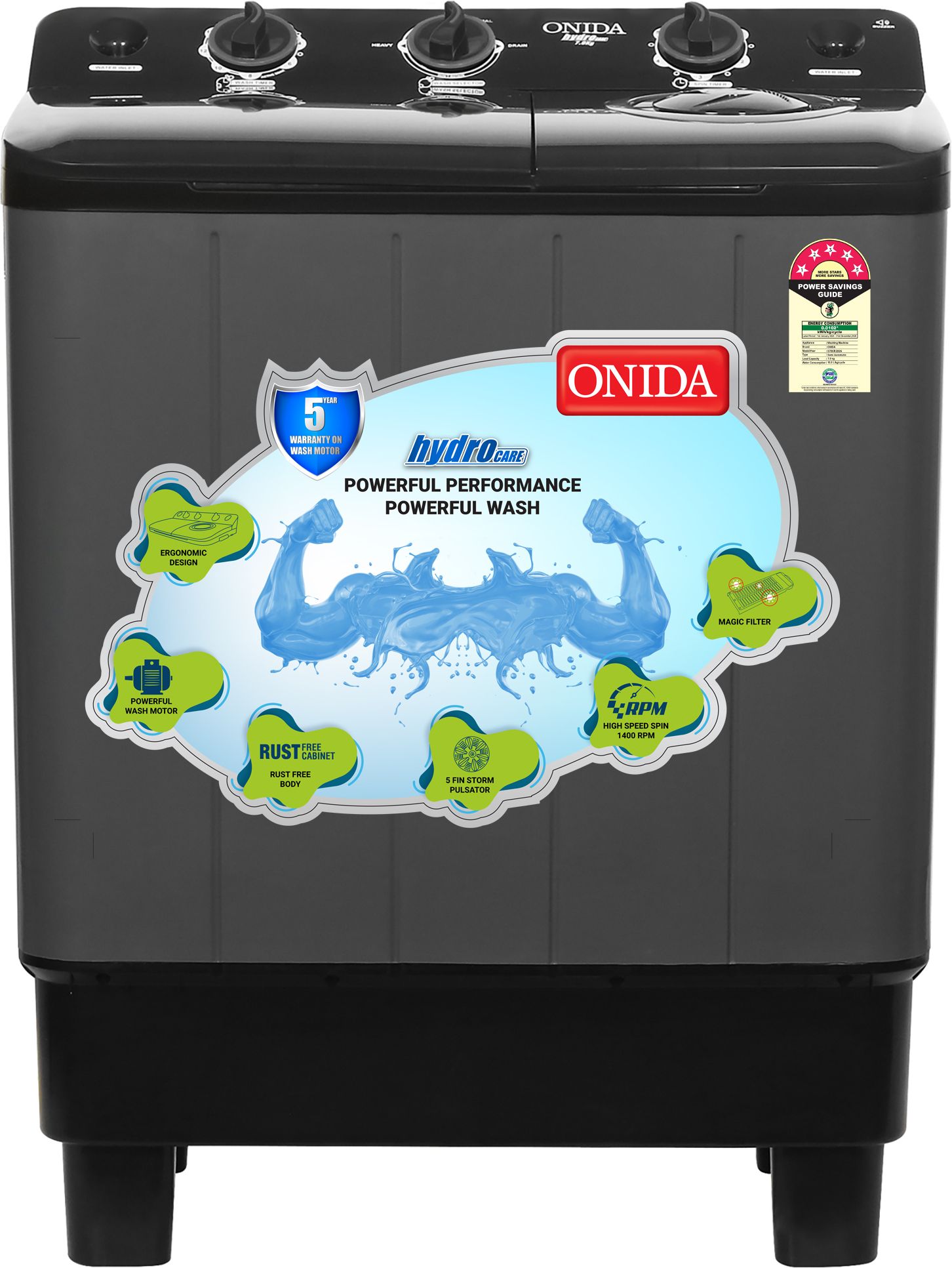 onida 7 kg 5 Star With Five-Fin Storm Pulsator Semi Automatic Top Load Black, Grey-picture-21