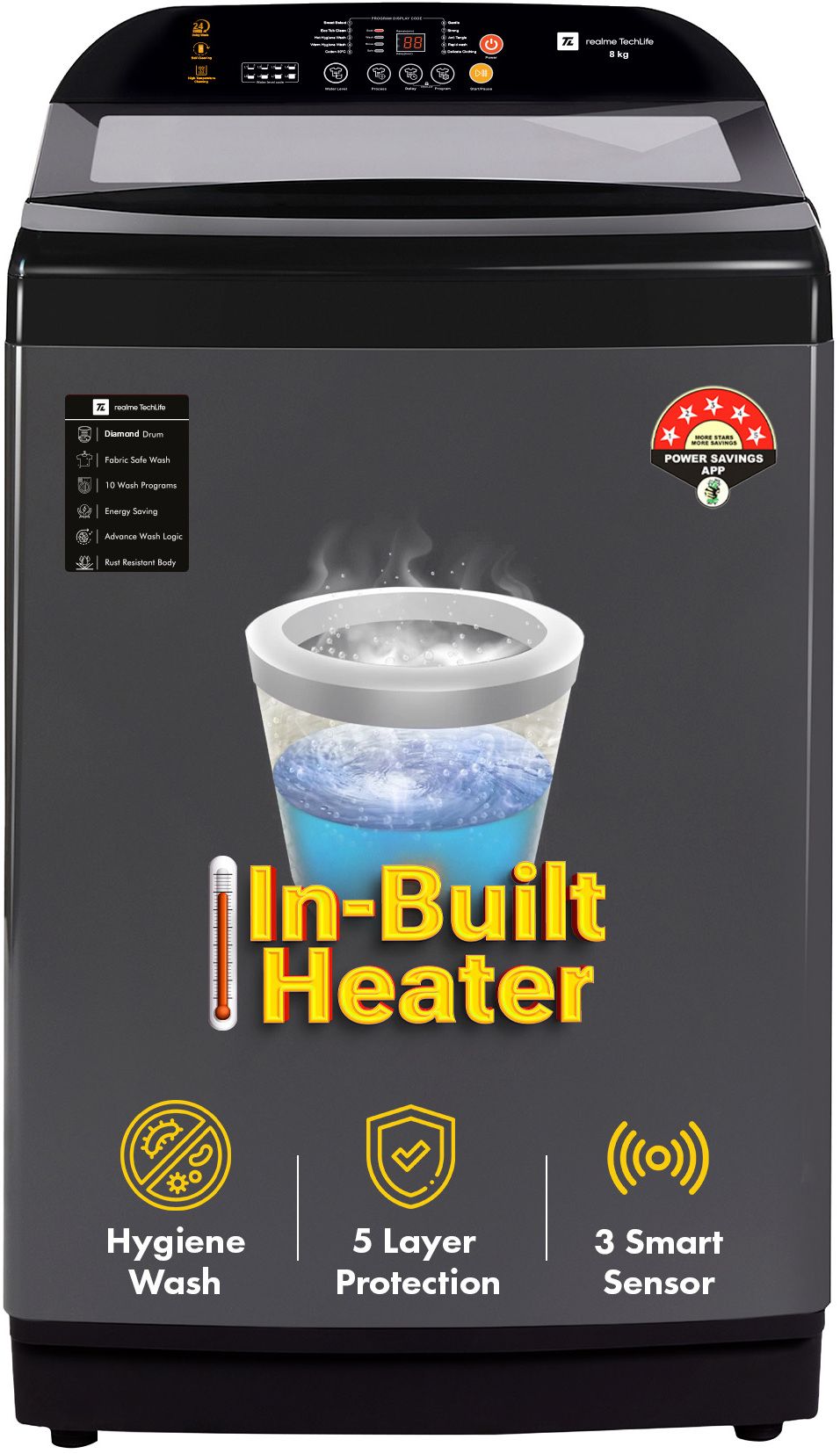 8 kg Soft closing Glass lid Fully Automatic Top Load with In-built Heater Black, Grey