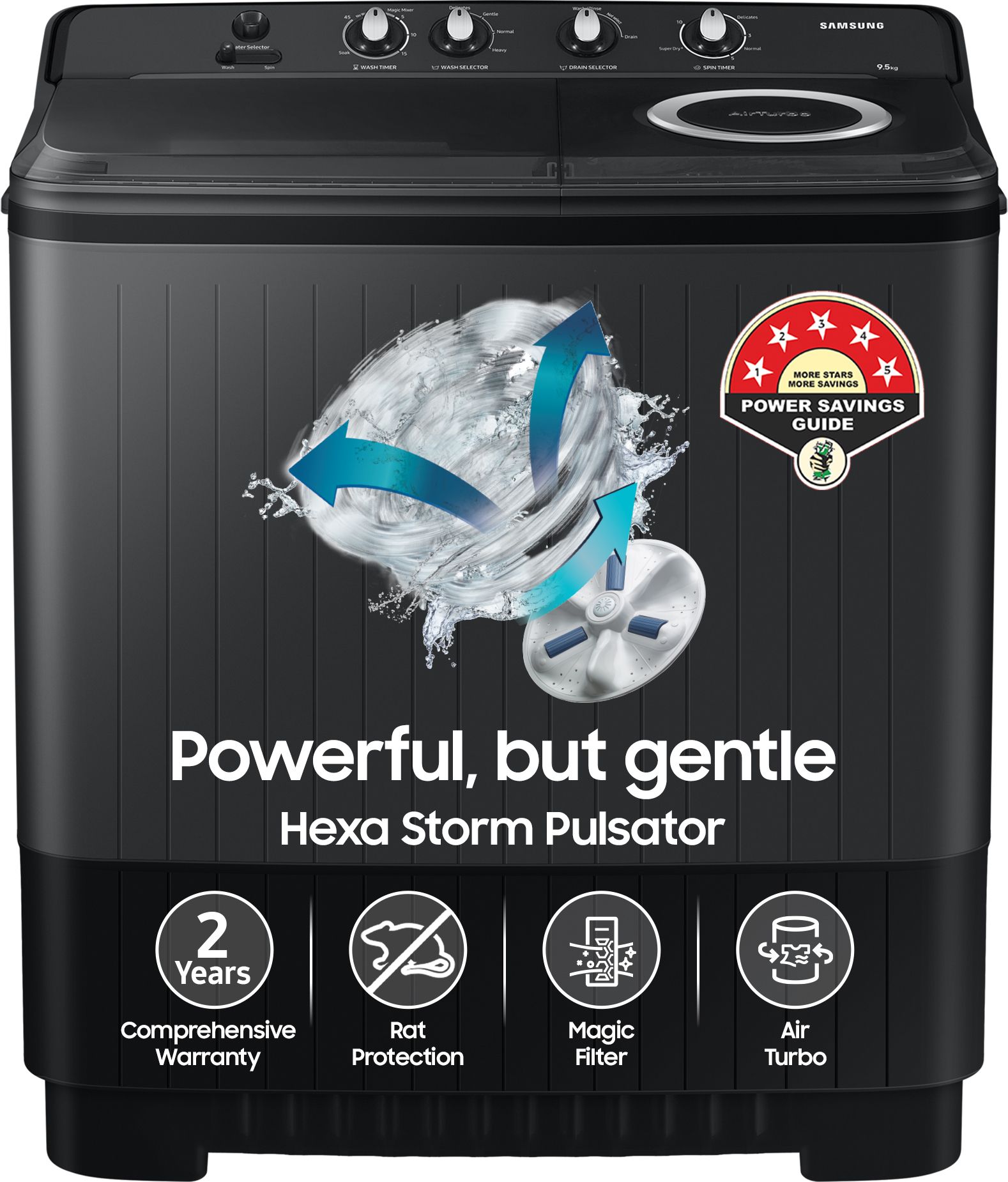 9.5 kg 5 star,Air Turbo Drying Semi Automatic Top Load Black, Grey-image-24