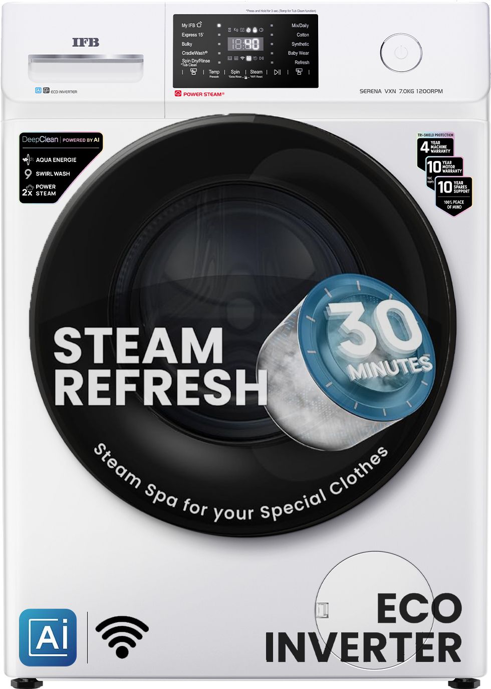 7 kg 5 Star with Steam Refresh Program, 9 Swirl wash, Eco Inverter, Powered by AI with Wi Fi Fully Automatic Front Load with In-built Heater White-image-26