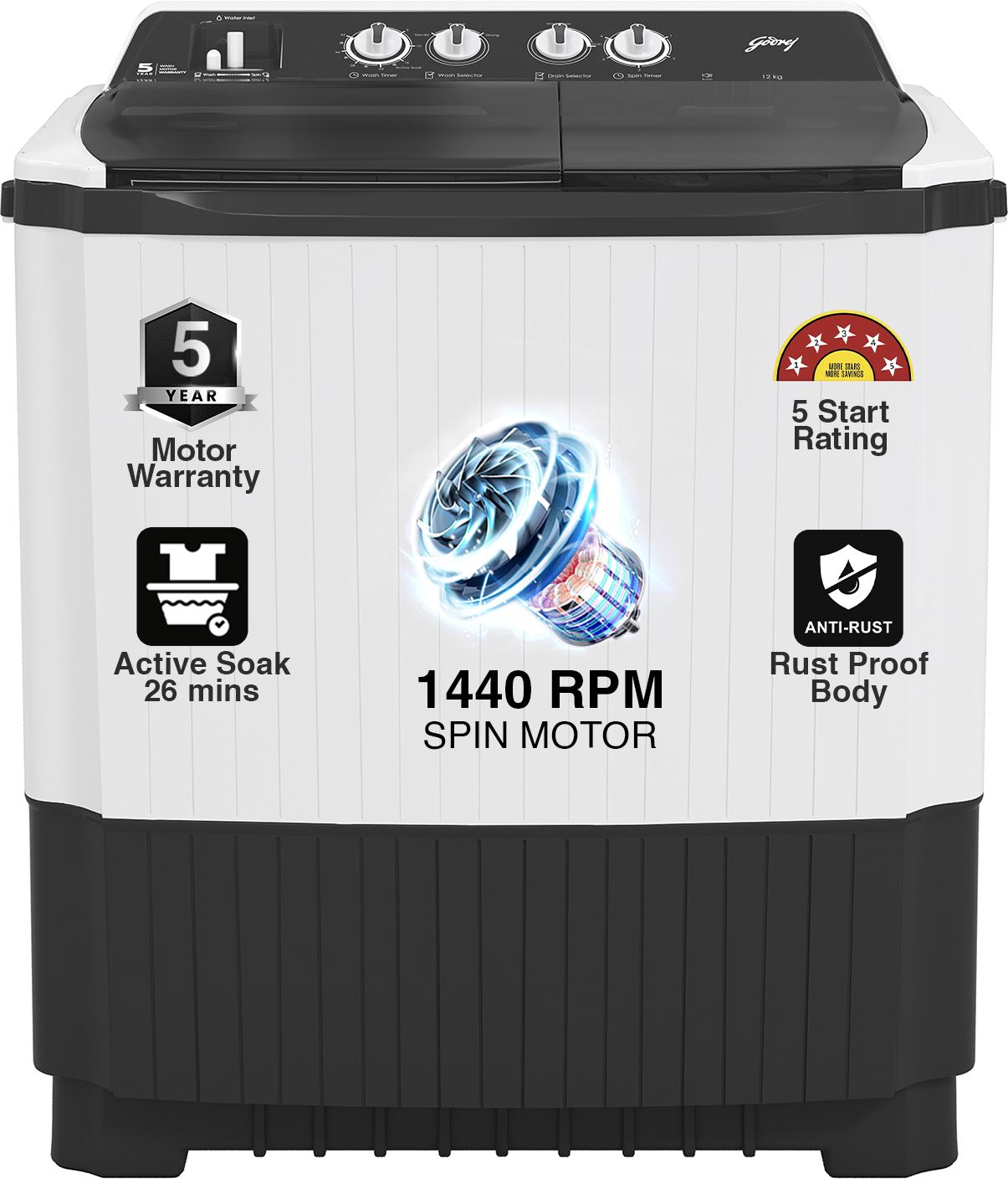 godrej 12 kg AXIS 5 star with Hexa Roller Impeller Washing Machine Semi Automatic Top Load Grey, White-picture-12