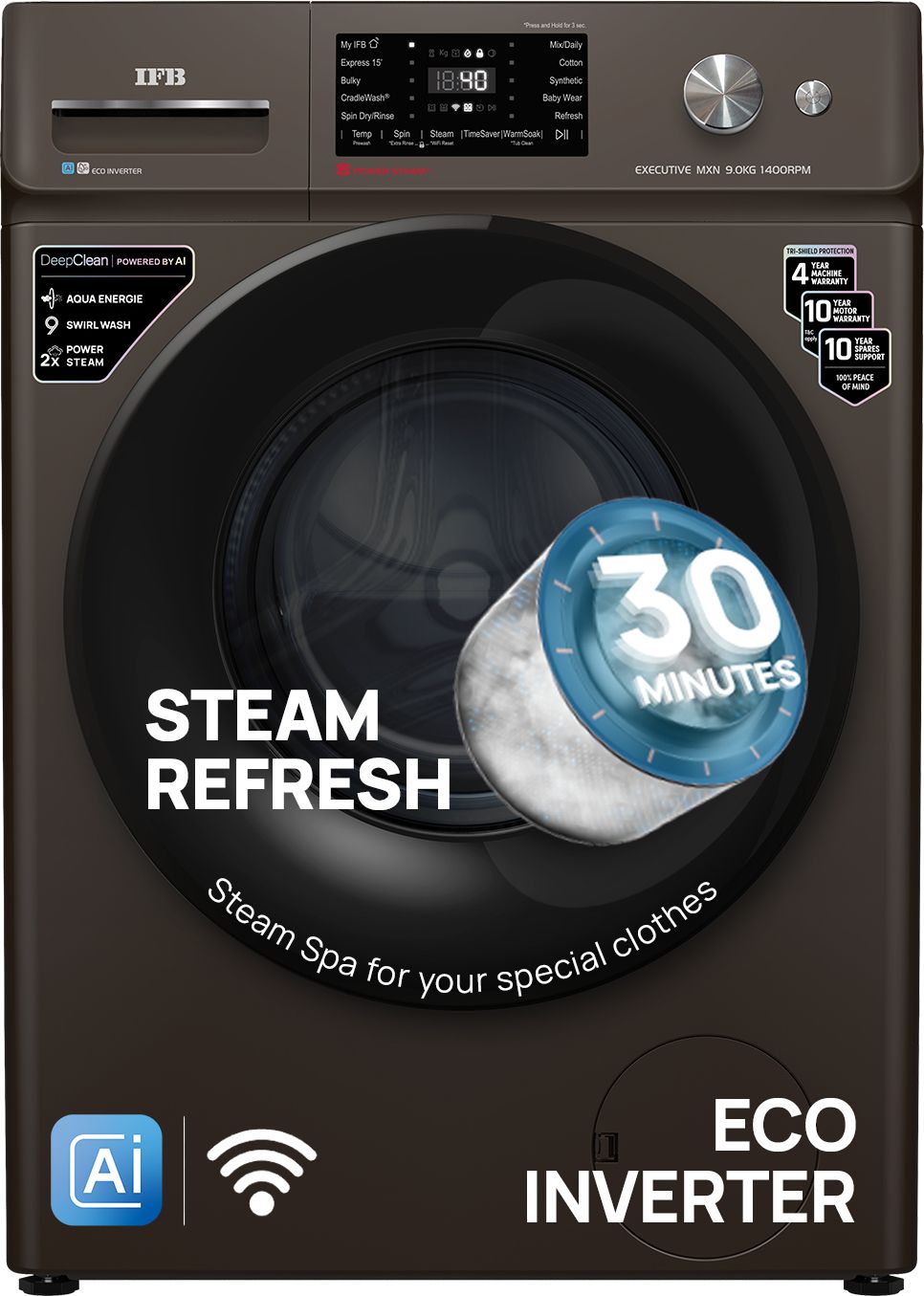 ifb 9 kg 5 Star with Steam Refresh program, 9 Swirl Wash, Eco Inverter, with AI Fully Automatic Front Load with In-built Heater Brown-picture-30