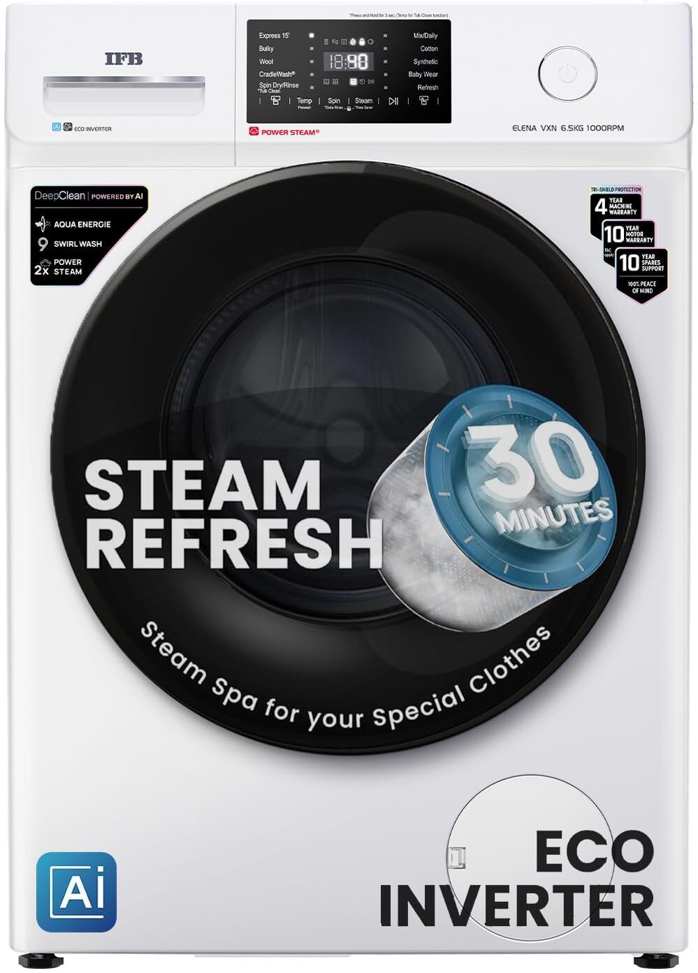 ifb 6.5 kg 6.5 kg 5 Star with Steam Refresh program, 9 Swirl Wash, Eco Inverter, Powered by AI with Power Steam Fully Automatic Front Load with In-built Heater White Fully Automatic Front Load White-picture-31