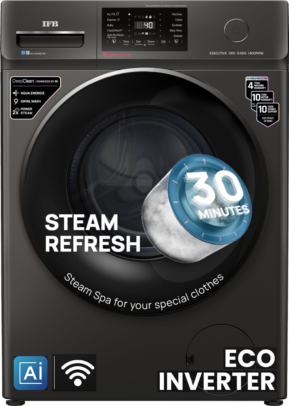 9 kg 5 Star with Steam Refresh program, 9 Swirl Wash, Eco Inverter, Touch Panel with AI Fully Automatic Front Load with In-built Heater Black