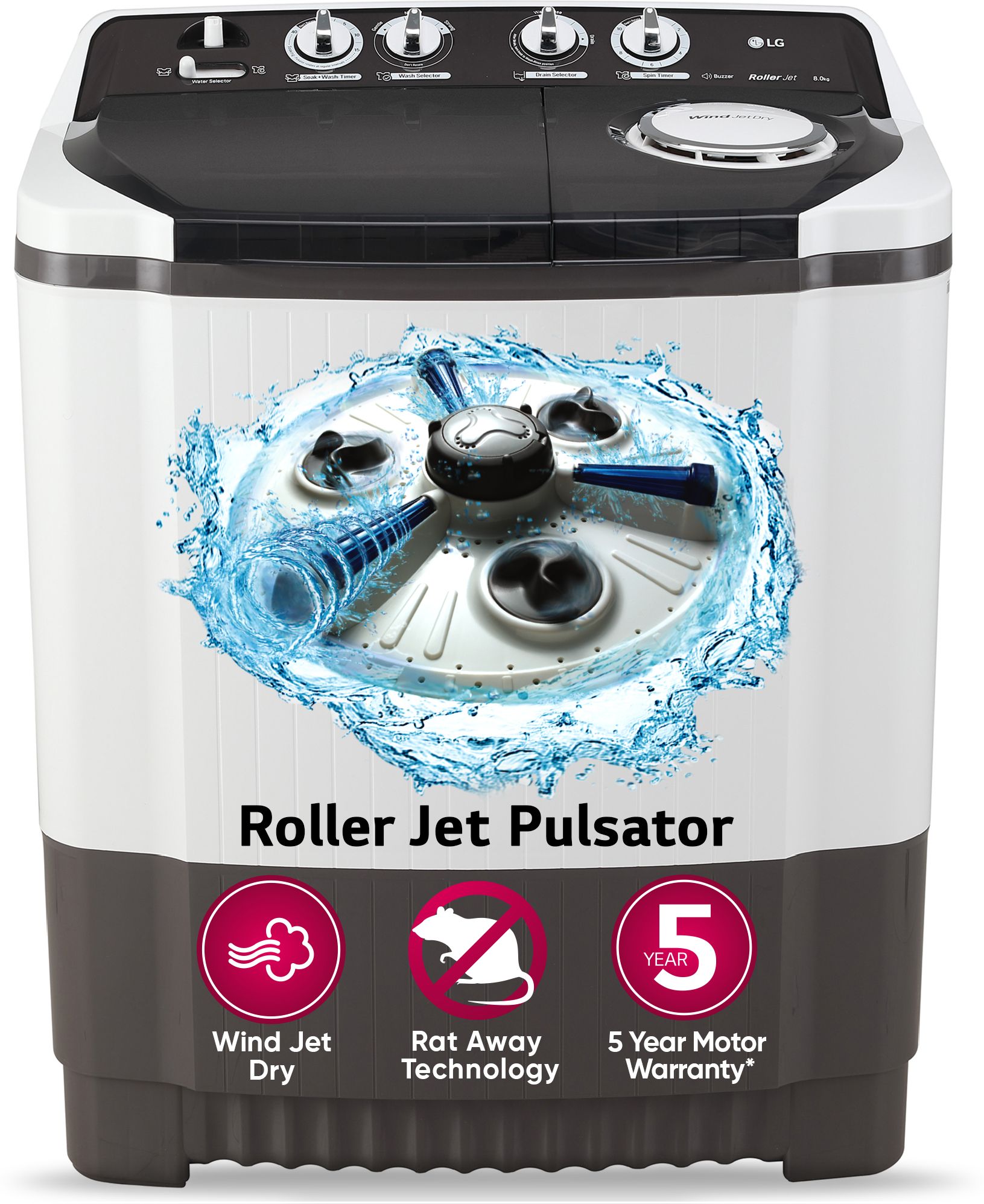lg 8 kg 5 Star with Roller Jet Pulsator with Soak, Wind Jet Dry and Rat Away, 6 Kg (Spin Tub Capacity), Semi Automatic Top Load Multicolor-picture-31