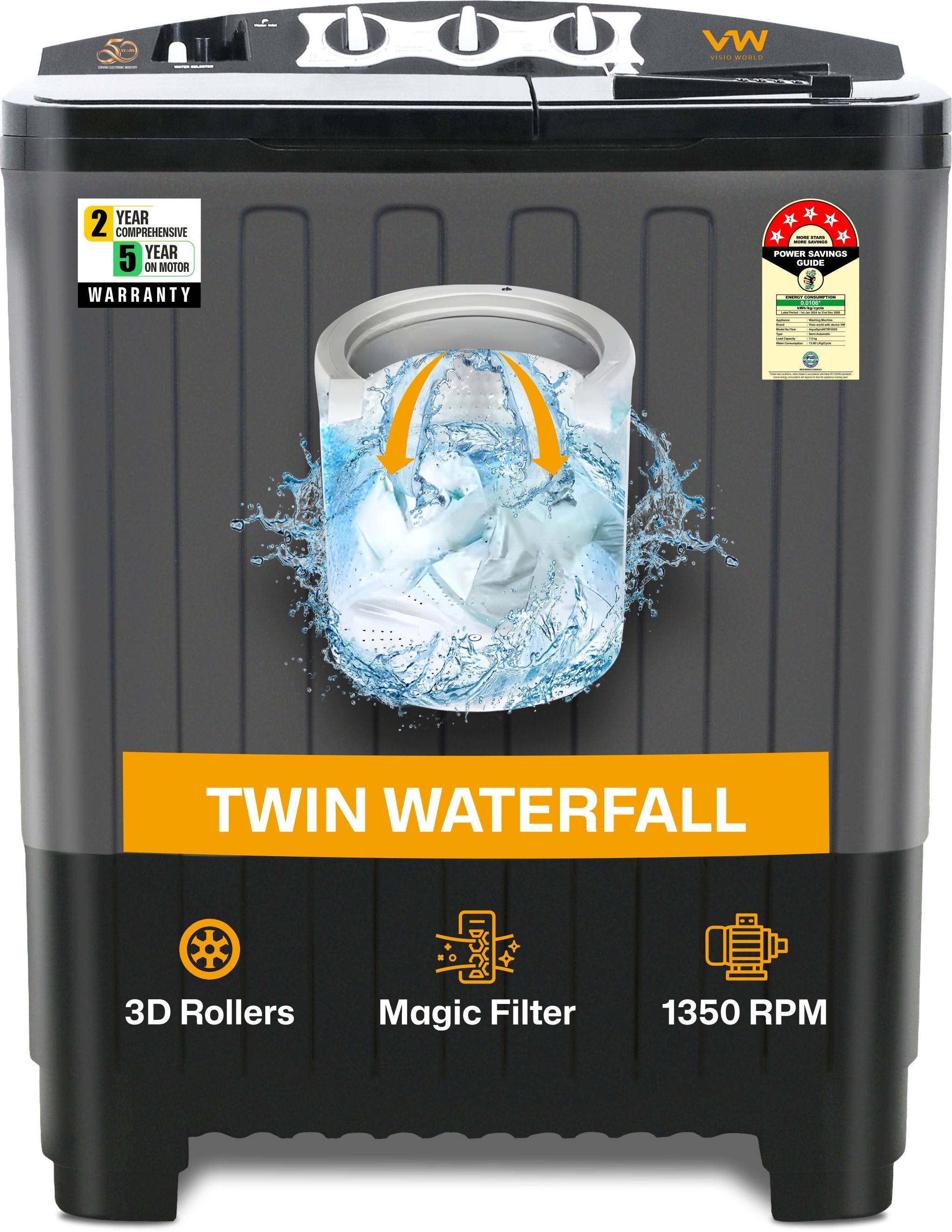 7.5 kg Semi Automatic Top Load Black, Grey