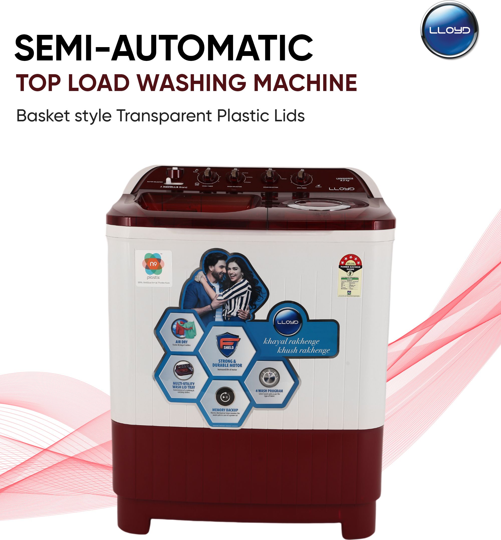 lloyd by havells 8.5 kg Washbasin Design Lids, 1300 RPM, Soak Function, 4 Wash Programs, Memory Back-up, Magic Filter Semi Automatic Top Load Red, White-picture-15