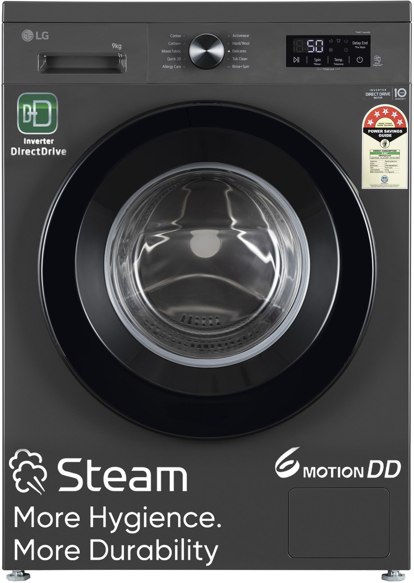 9 kg 5 Star, Inverter Direct Drive Technology, 6 Motion DD, Steam Fully Automatic Front Load with In-built Heater Black, Grey-image-10