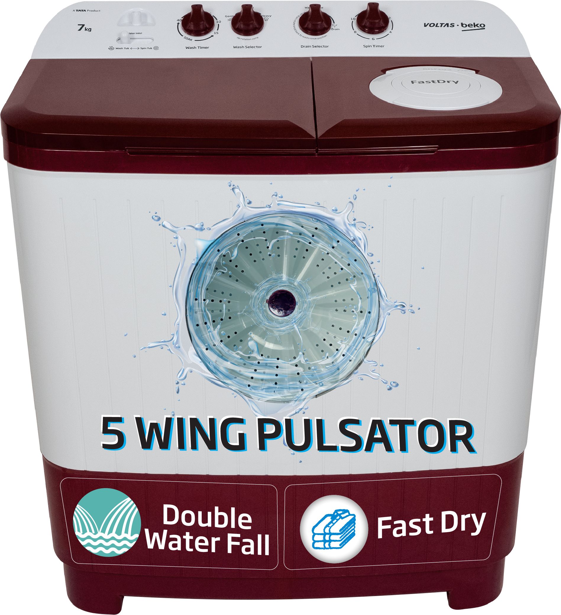 voltas beko by a tata product 7 kg with Fast Dry, Double Waterfall, 5 Wing Pulsator Semi Automatic Top Load Maroon, White-picture-25