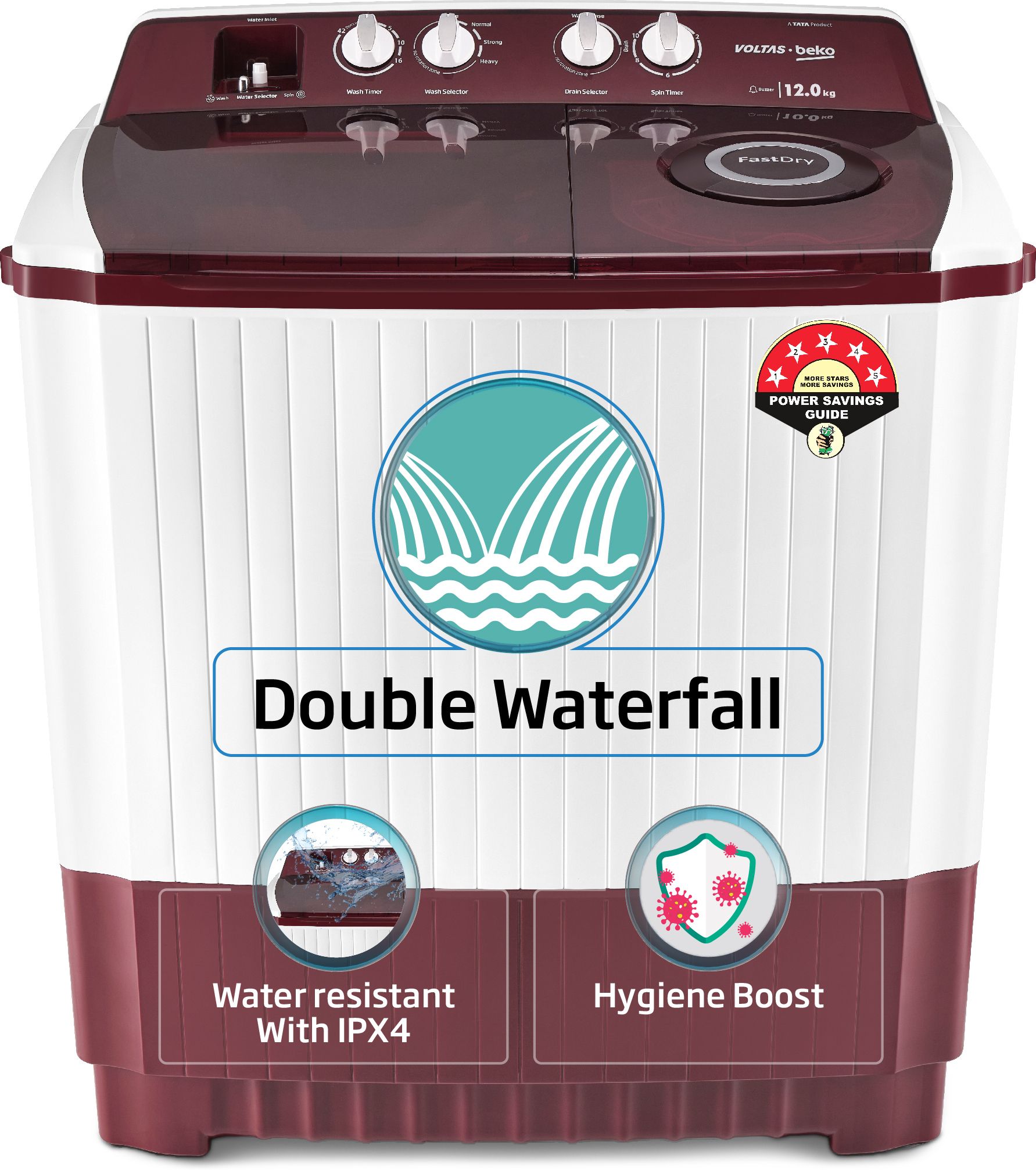 voltas beko by a tata product 12 kg A Tata Product Anti-allergen Hygiene Boost Washing Machine with Fast Dry and Water Proof IPX4 Panel Semi Automatic Top Load Maroon, White-picture-29