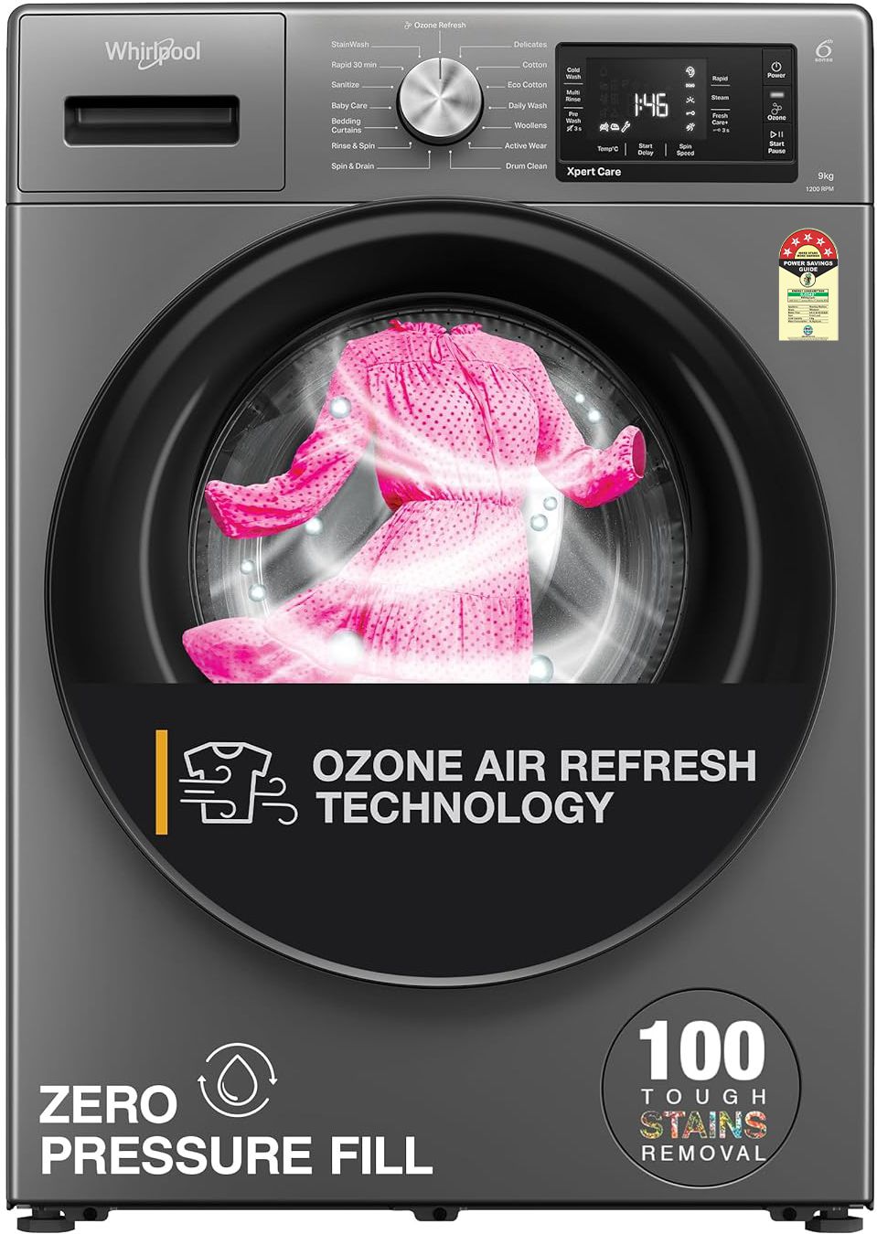 9 kg Ozone Technology 5 Star Inverter 100+ Tough Stains, 1400 RPM Fully Automatic Front Load with In-built Heater Black, Grey-image-7