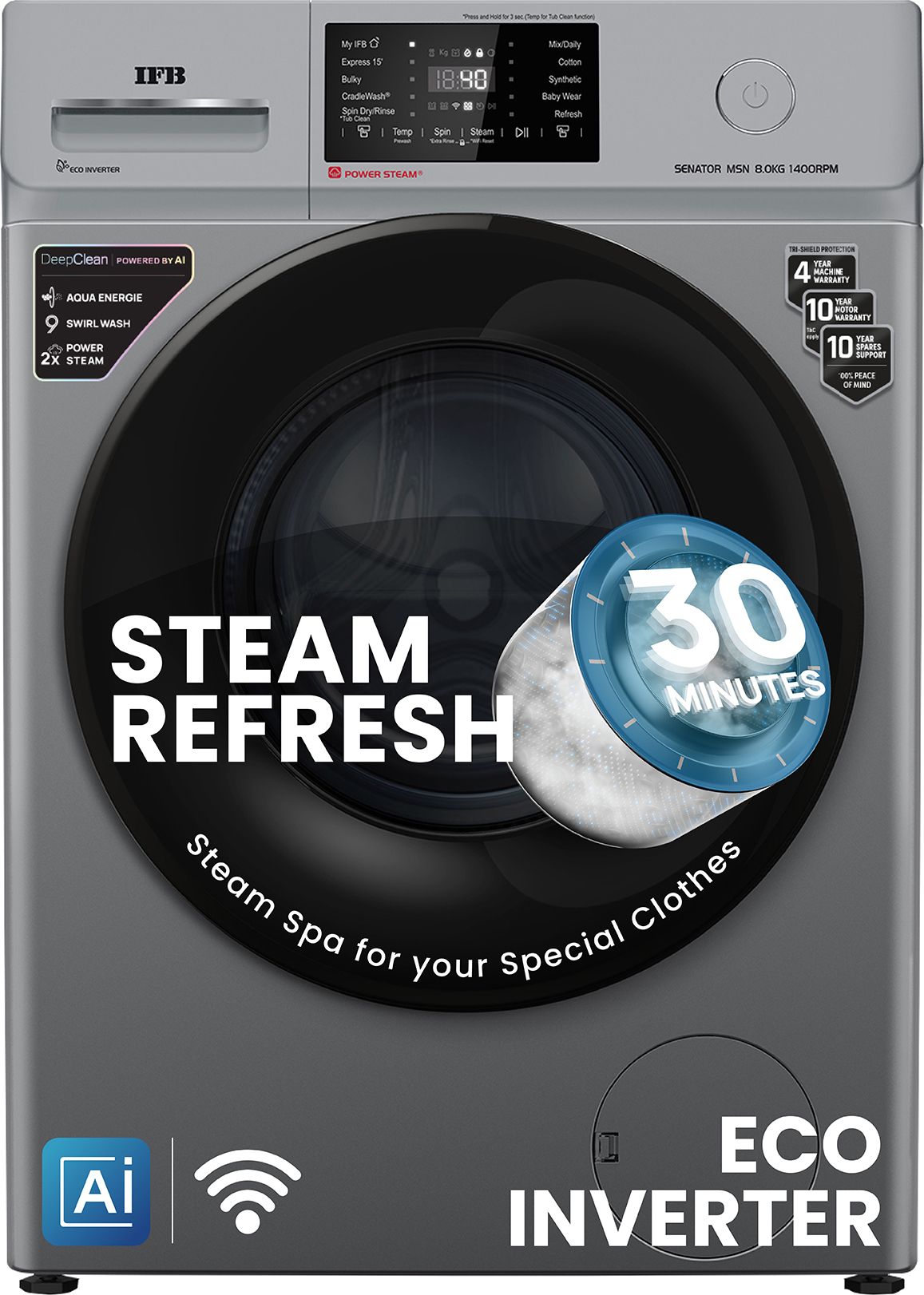 ifb 8 kg 5 Star with Steam Refresh program, 9 Swirl Wash, Eco Inverter, Touch Panel with AI Fully Automatic Front Load with In-built Heater Grey-picture-37