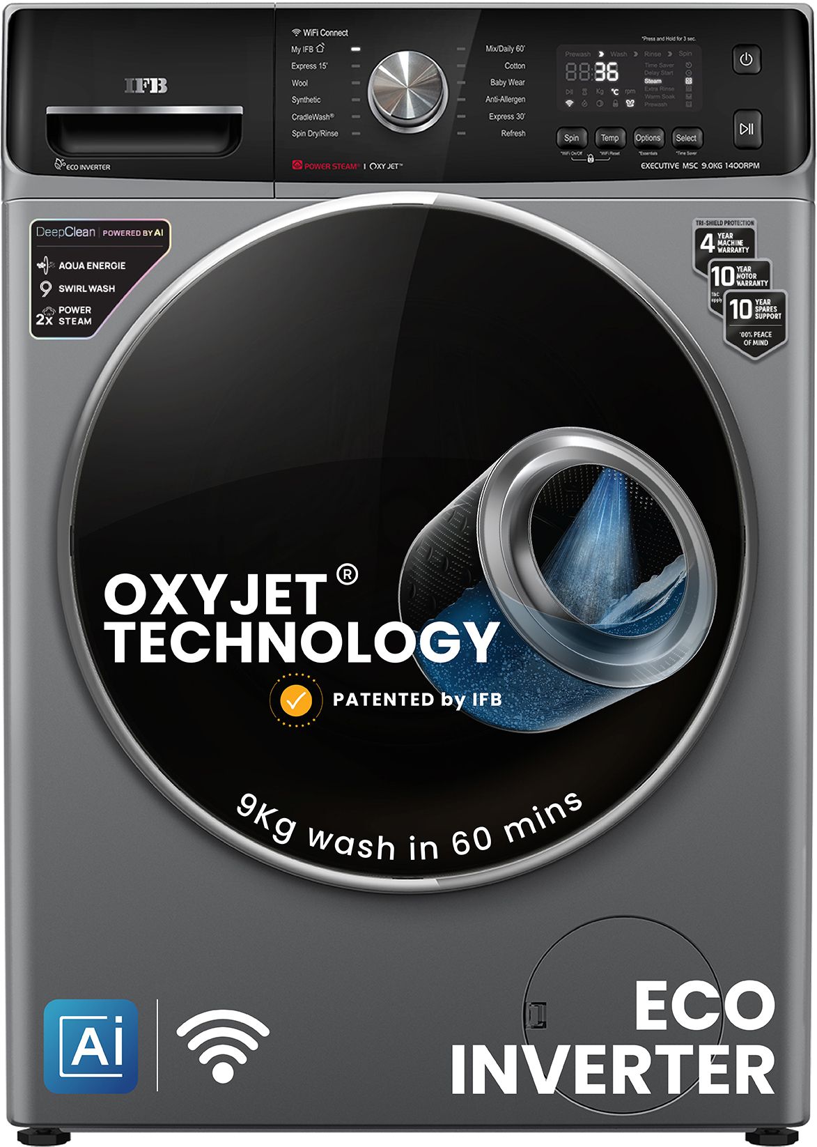 9 kg 5 Star with Steam Refresh program, 9 Swirl Wash, Eco Inverter, with AI Fully Automatic Front Load with In-built Heater Black, Grey-image-13