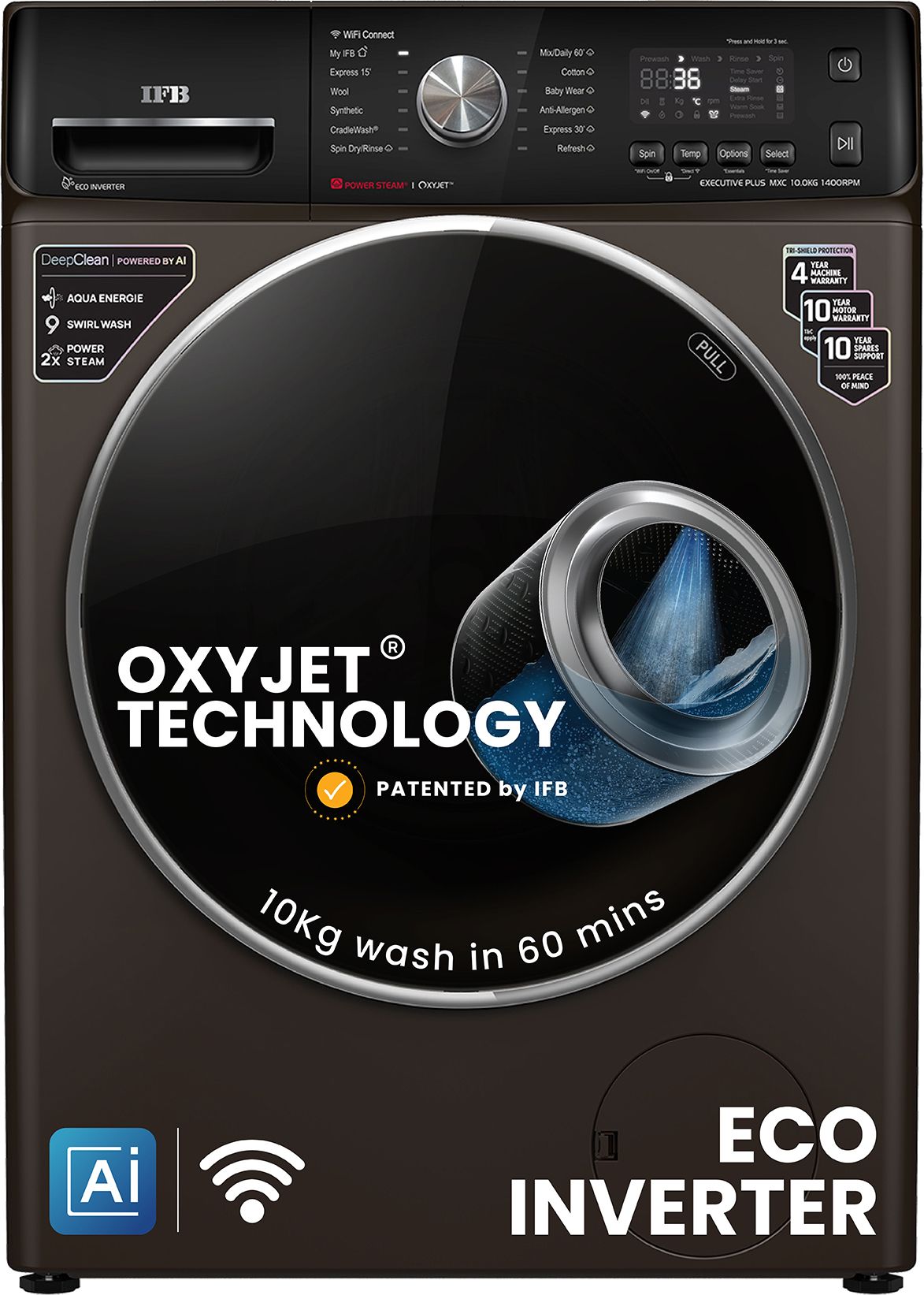 ifb 10 kg 5 Star with Steam Refresh program, 9 Swirl Wash, Eco Inverter, with AI Fully Automatic Front Load with In-built Heater Black-picture-17